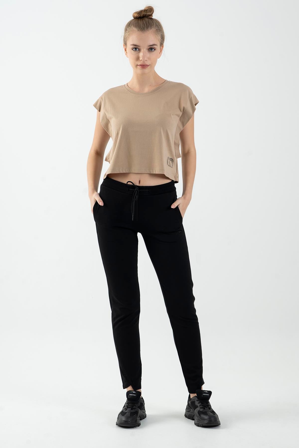 Maraton Sportswear Regular Kadın Bisiklet Yaka  Kısa Kol Basic Açık Vizon Crop Top 20878