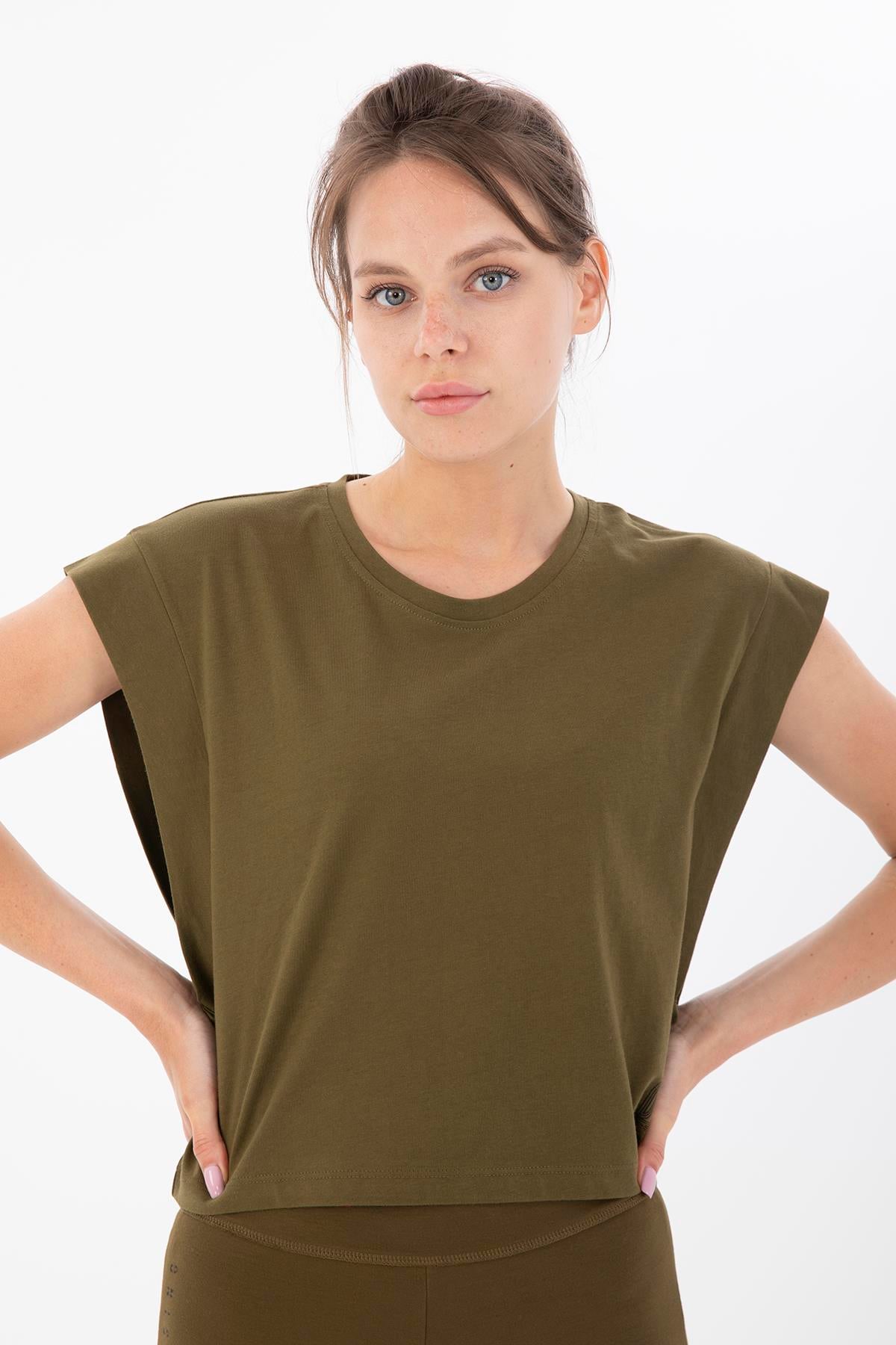 Maraton  Regular Woman Bike Collar   Light Khakı Black  Crop Top Tee 20878