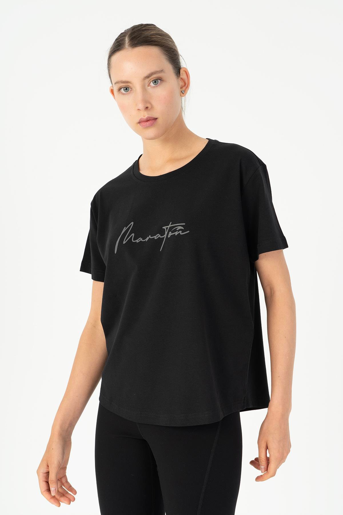 Maraton Sportswear Regular Kadın Bisiklet Yaka  Kısa Kol Basic Siyah T-shirt 23165