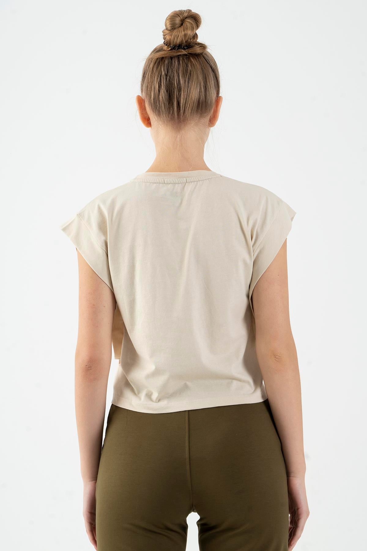 Maraton Sportswear Regular Kadın Bisiklet Yaka  Kısa Kol Basic Kil Rengi Crop Top 20878