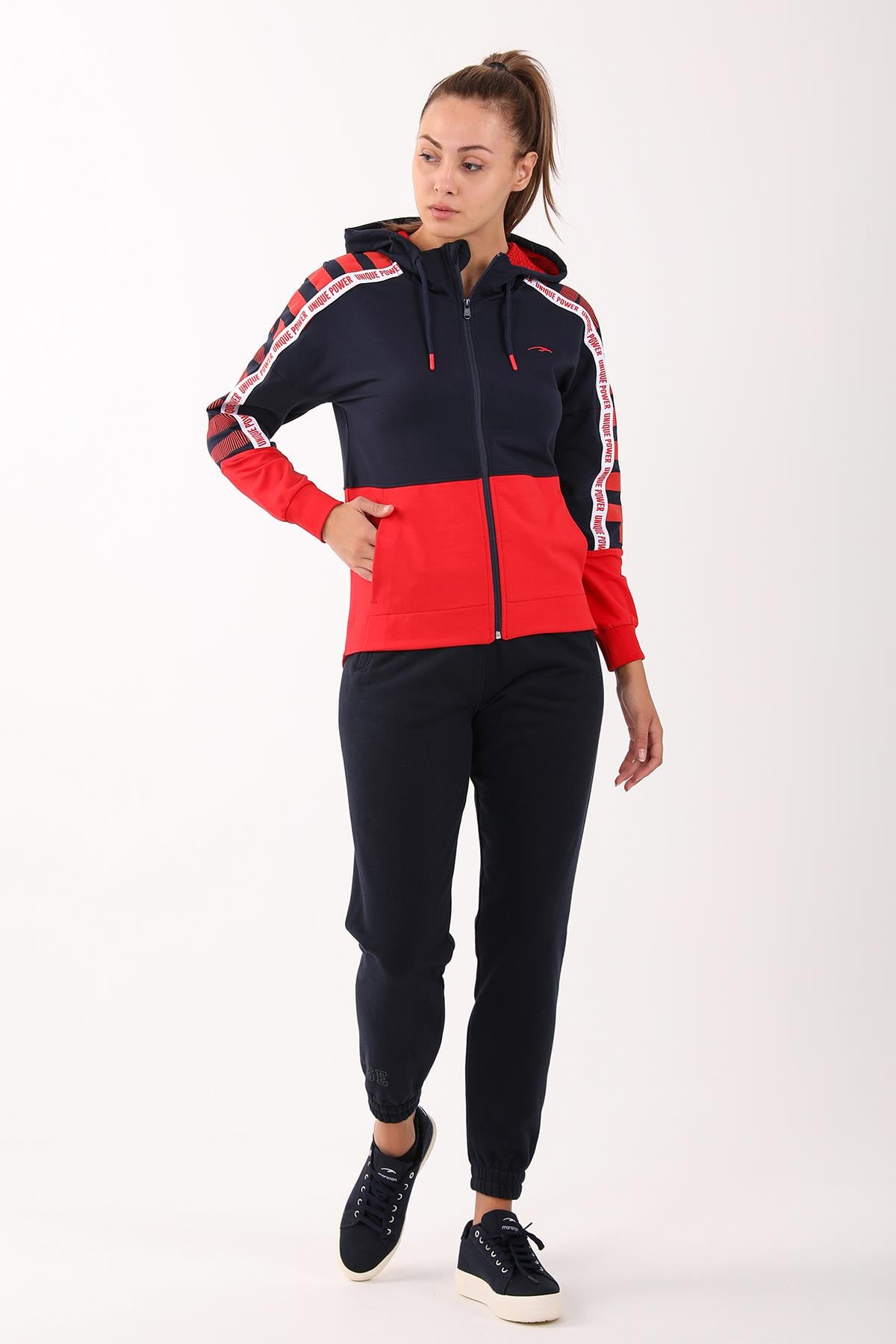Maraton Sportswear Regular Kadın Kapşonlu  Uzun Kol Basic Açık Lacivert Tracktop 18377