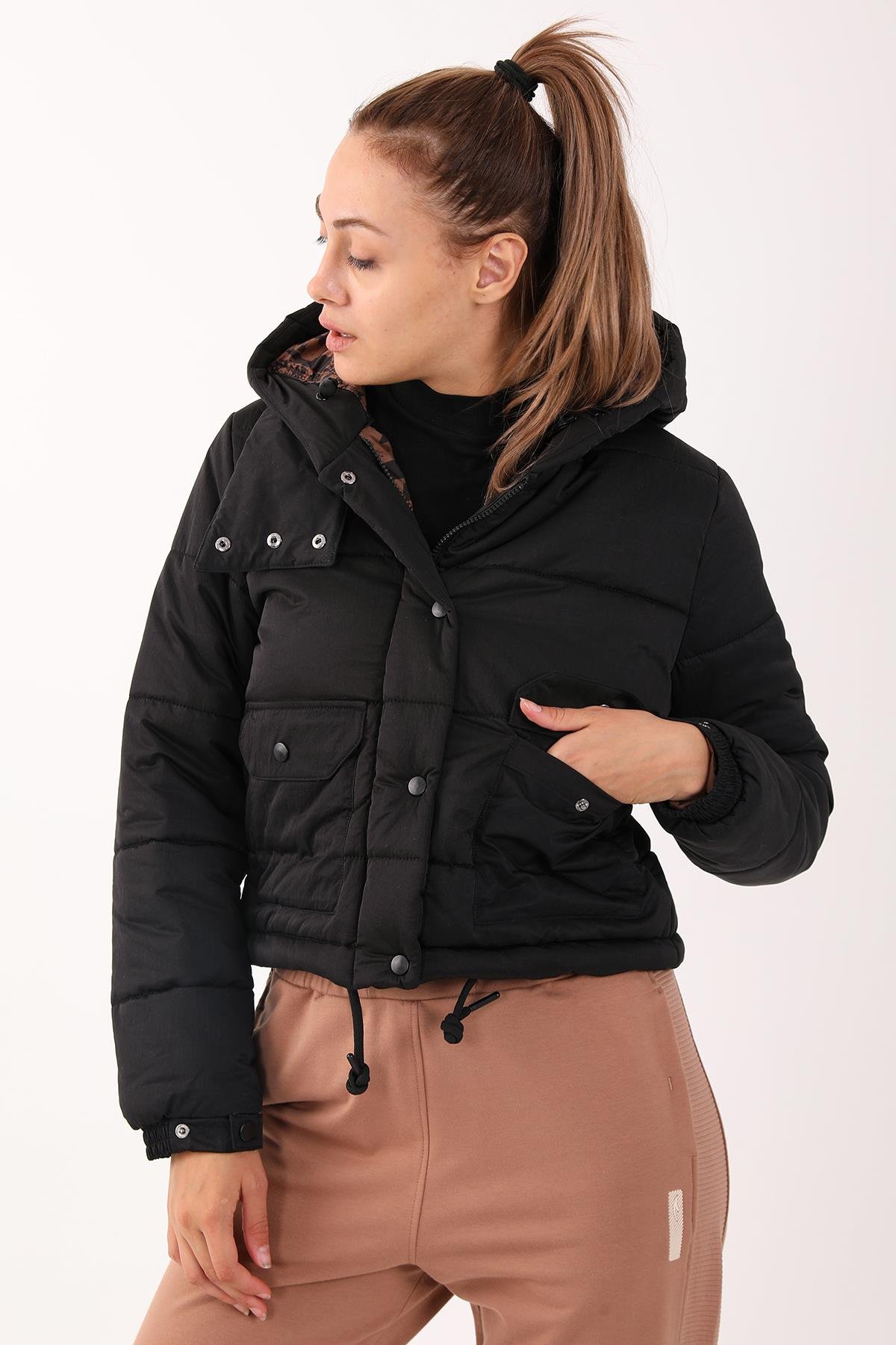 Maraton Sportswear Regular Kadın Kapşonlu  Uzun Kol Basic Siyah Mont 21288