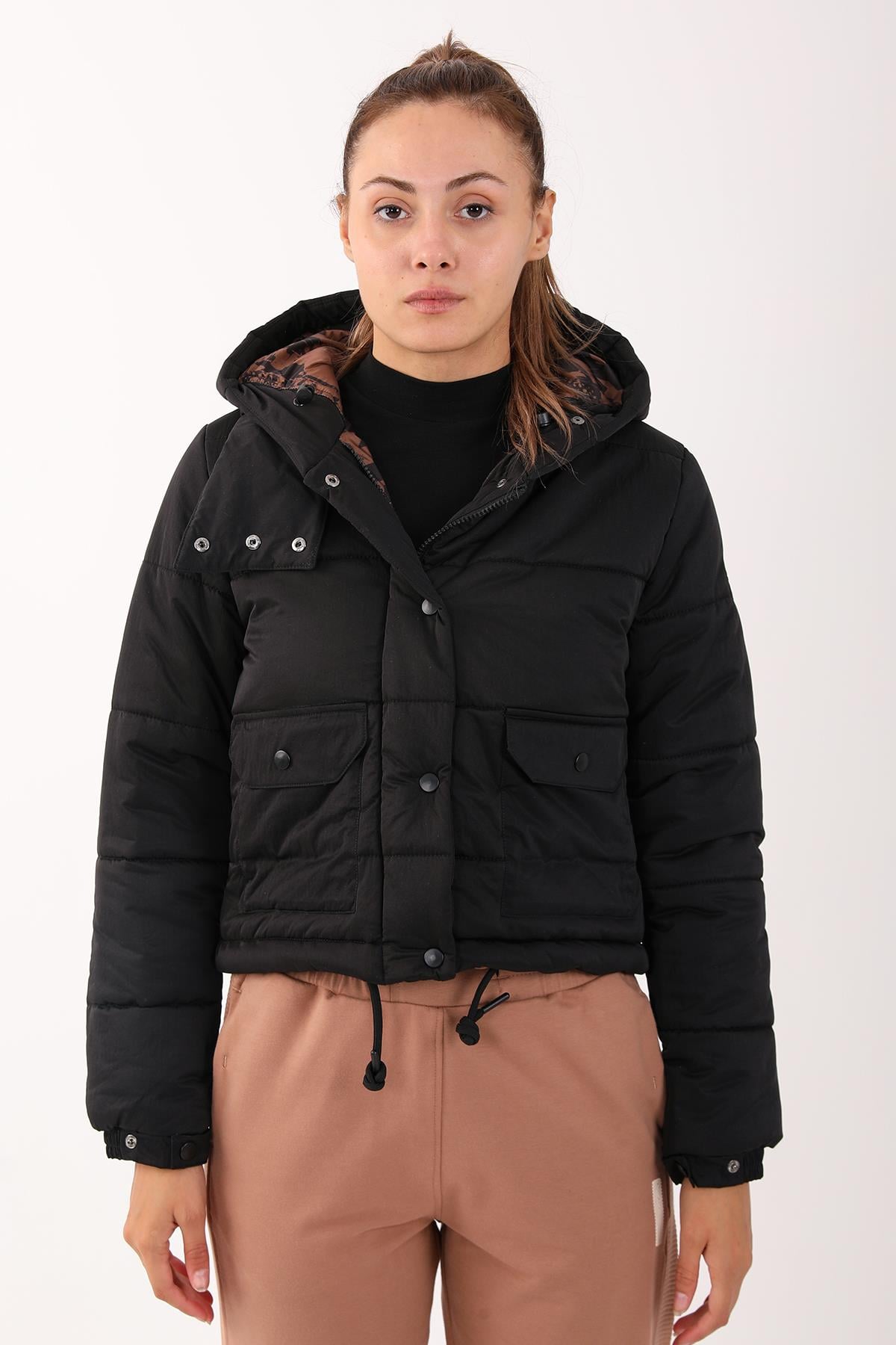 Maraton Sportswear Regular Kadın Kapşonlu  Uzun Kol Basic Siyah Mont 21288