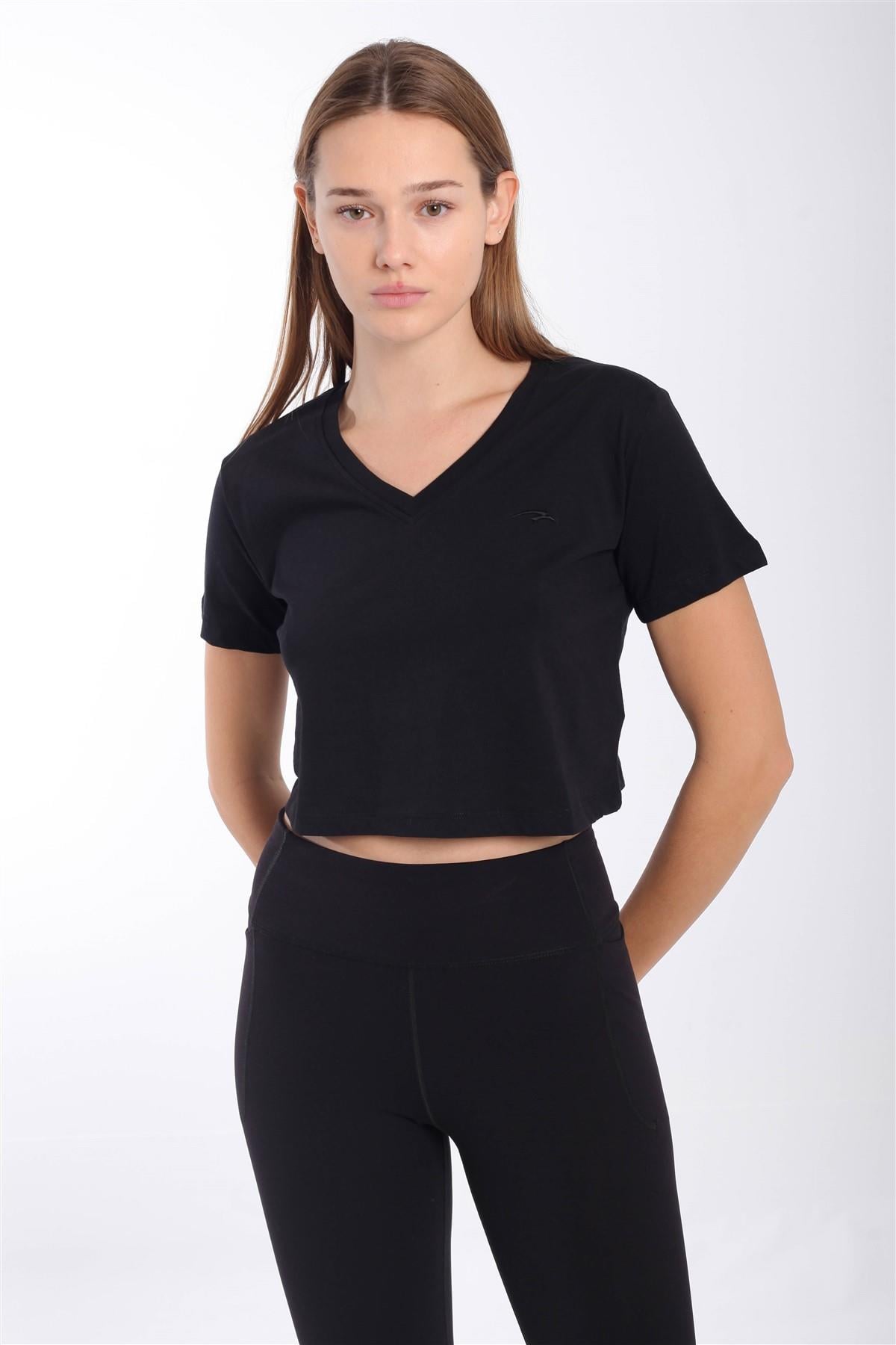Maraton Sportswear Regular Kadın V Yaka  Kısa Kol Basic Crop Top 21236