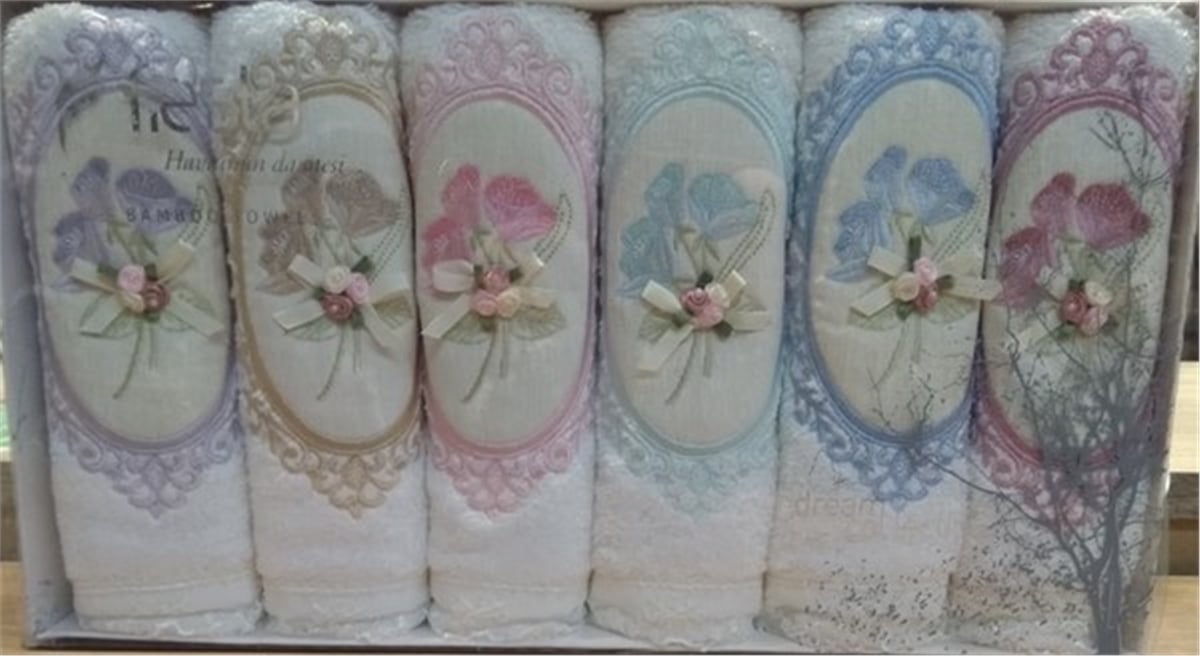50X90 Gökkuşağı Nakış.Bambu 6Lı Set Havlu