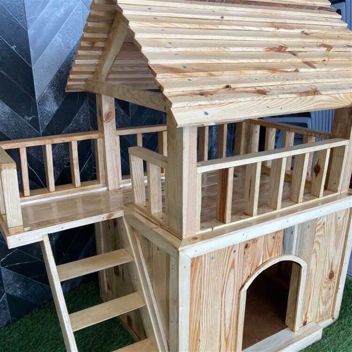 Ahşap Kedi Evi 2 Katlı El Yapımı 106x55x68 cm
