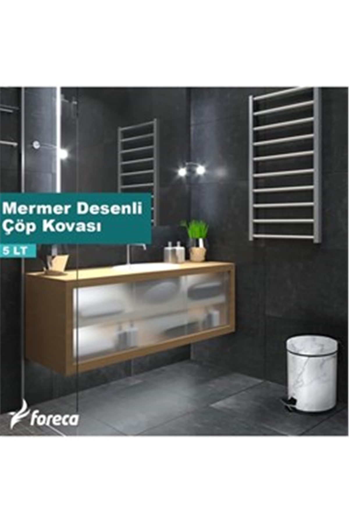 Efor Mermer Desenli Banyo Set 5 Litre Çöp Kovası+Wc Fırça Beyaz 975