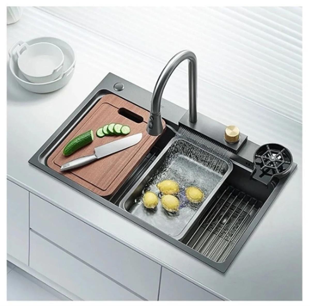 Fleko Teknolojik Eviye Seti Şelale Eviye Inox Çelik Batarya Mutfak Evyesi 3 Fonksiyonlu