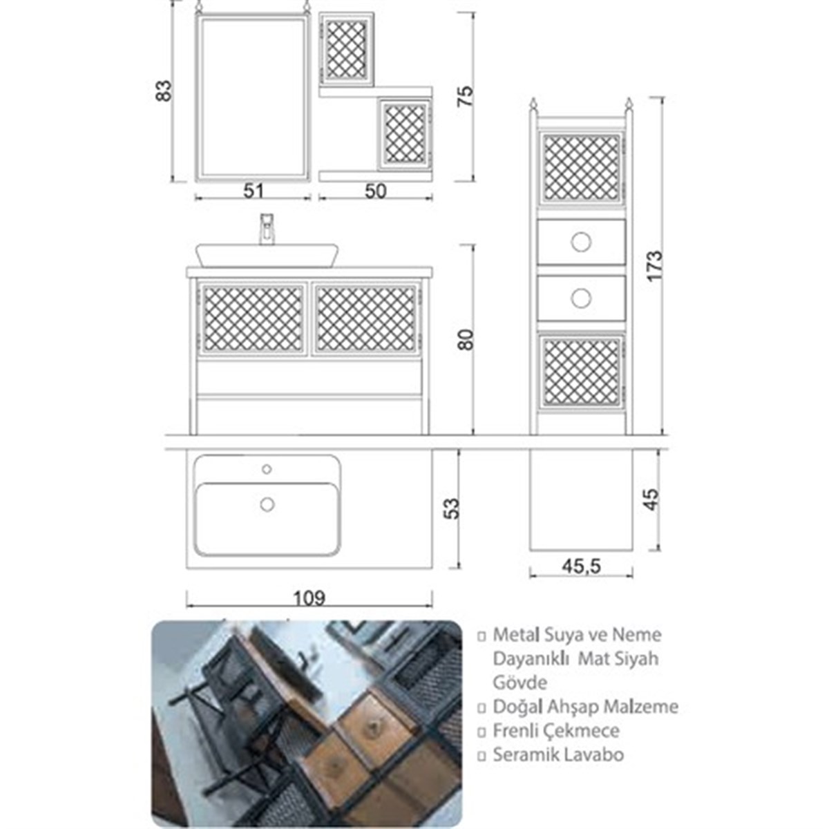 Kare Banyo Hitit Serisi 110 Cm Mdf Banyo Dolabı Takımı + Siyah Seramik Lavabo + Boy Dolabı Ceviz