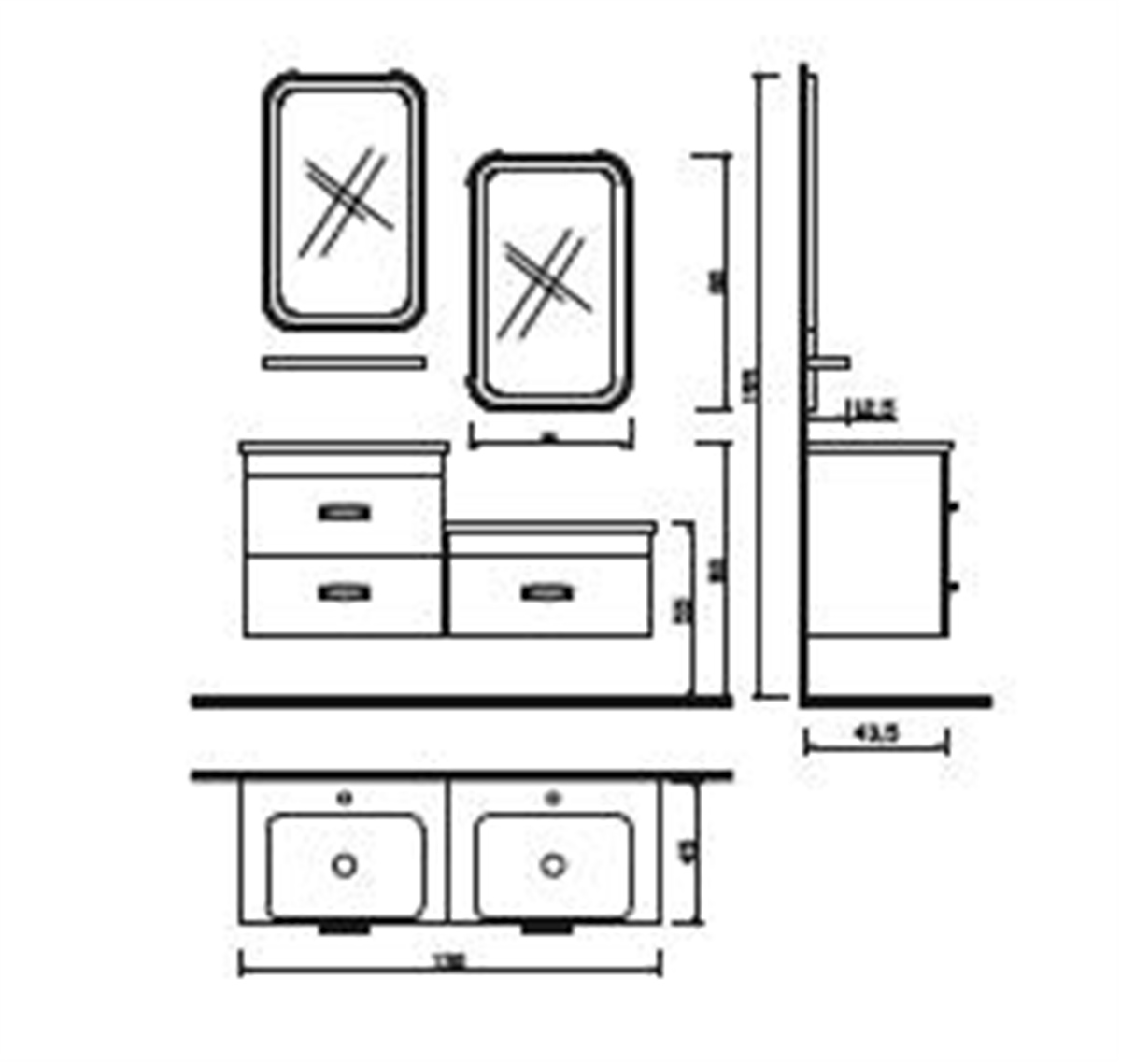 Kare Banyo Kardelene Beyaz Banyo Dolabı 130 Cm Seramik Lavabo