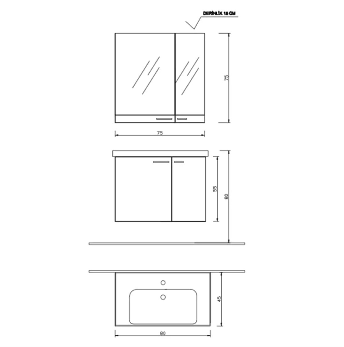 Kare Banyo Terra Alize Banyo Dolabı 80 Cm Seramik Lavabo