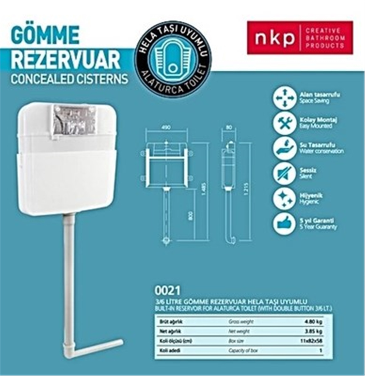 Nkp 3/6 Litre Hela Taşı Uyumlu Gömme Rezervuar+Krom Buton