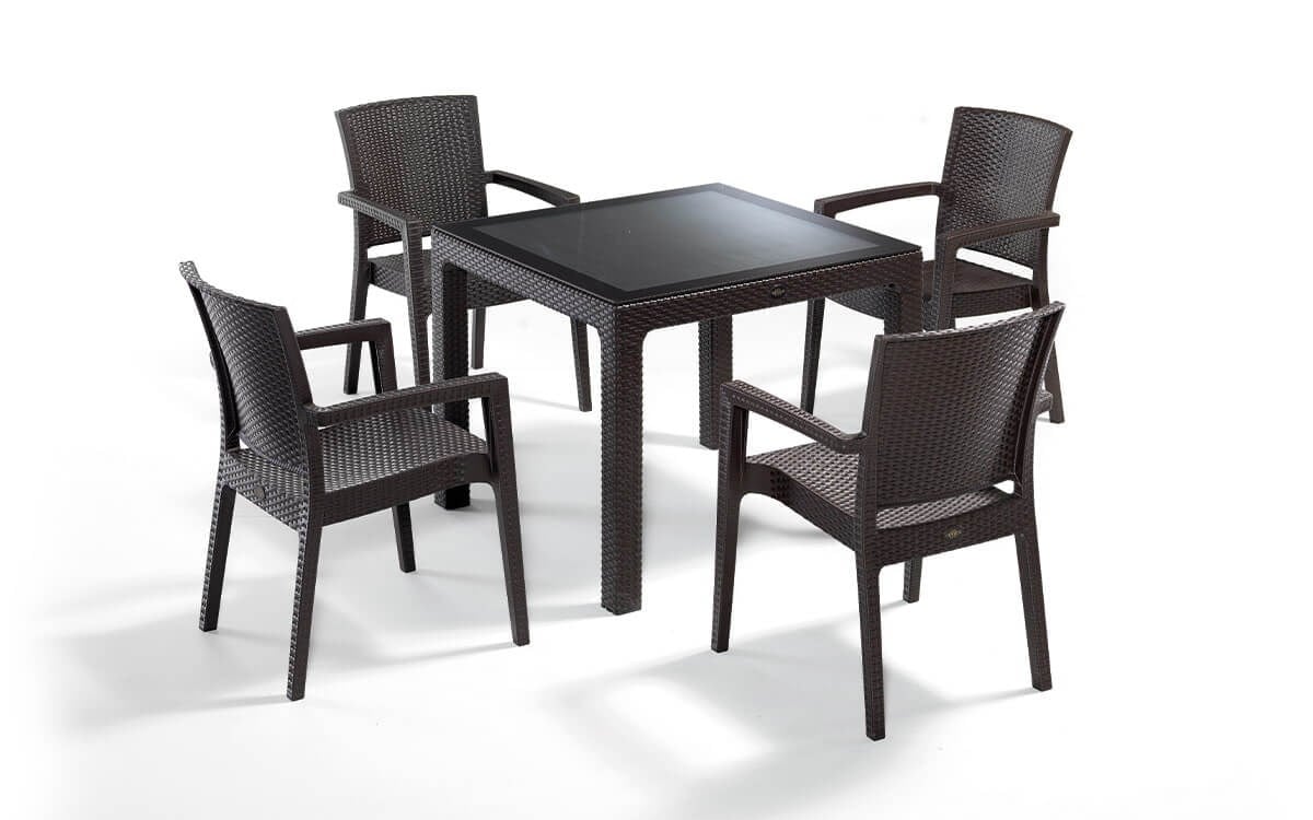 Novussi Classi Liverno Rattan Camlı Masa Takımı Kahve 90x90 Cm