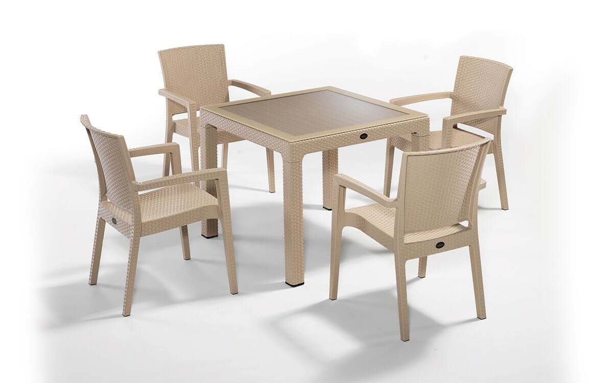 Novussi Classi Liverno Rattan Camlı Masa Takımı Cappucino 90x90 Cm