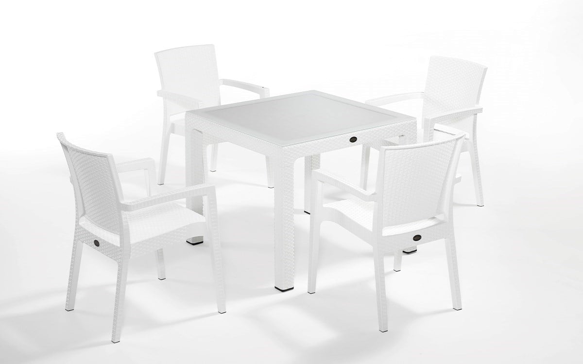 Rattan Camlı Beyaz Masa Takımı 90x90 Cm