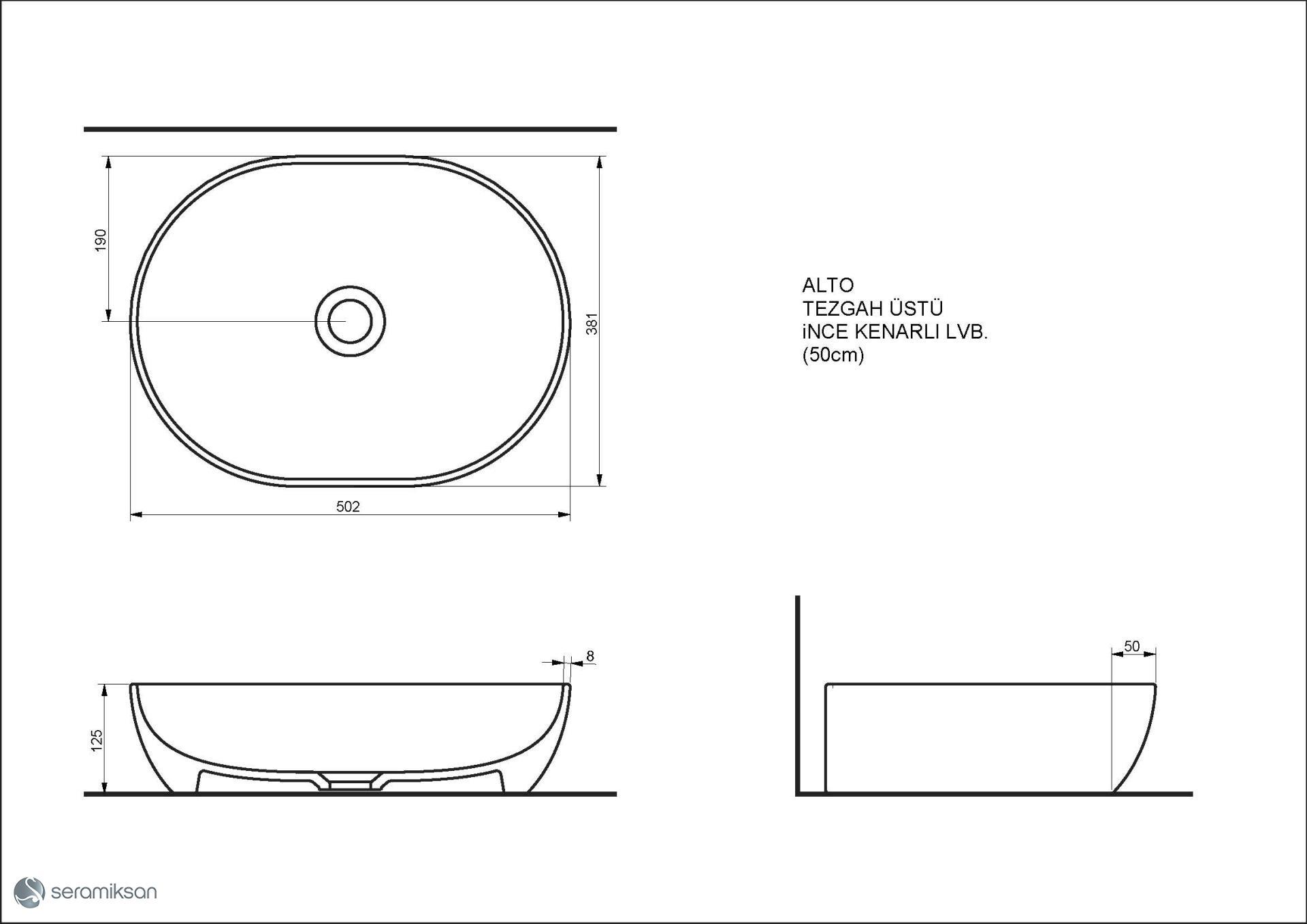 Seramiksan Alto Beyaz Tezgah Üstü İnce Kenarlı Lavabo A002051
