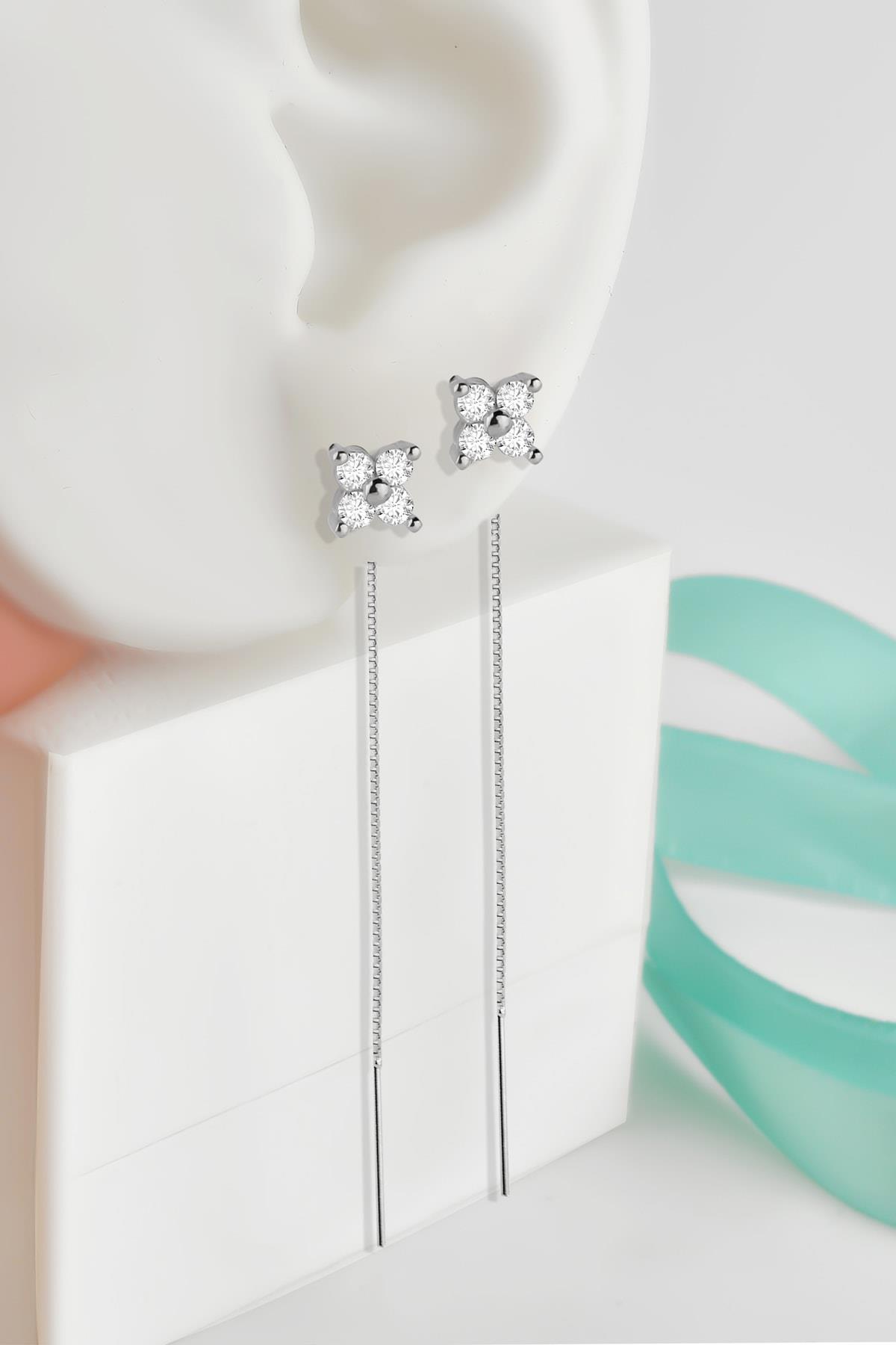 925 Ayar Gümüş Zirkon Taşl Gold Zincirli Yonca Küpe