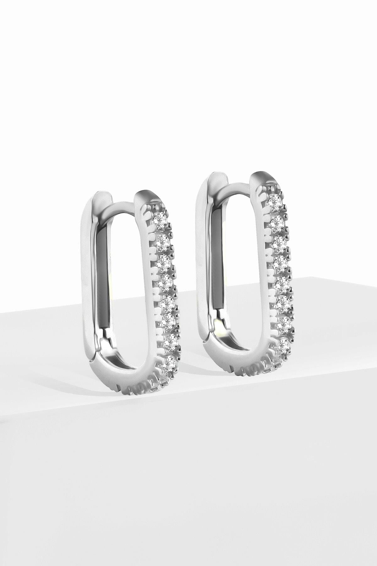 Gümüş 1.7 cm Zirkon Taşlı U Model Gold Küpe