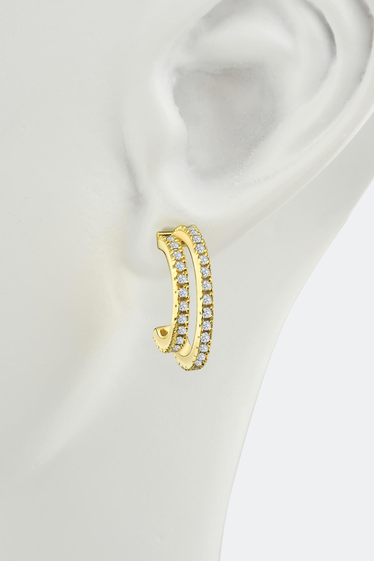 Gümüş 1.5 cm çift halka zirkon taşlı gold küpe