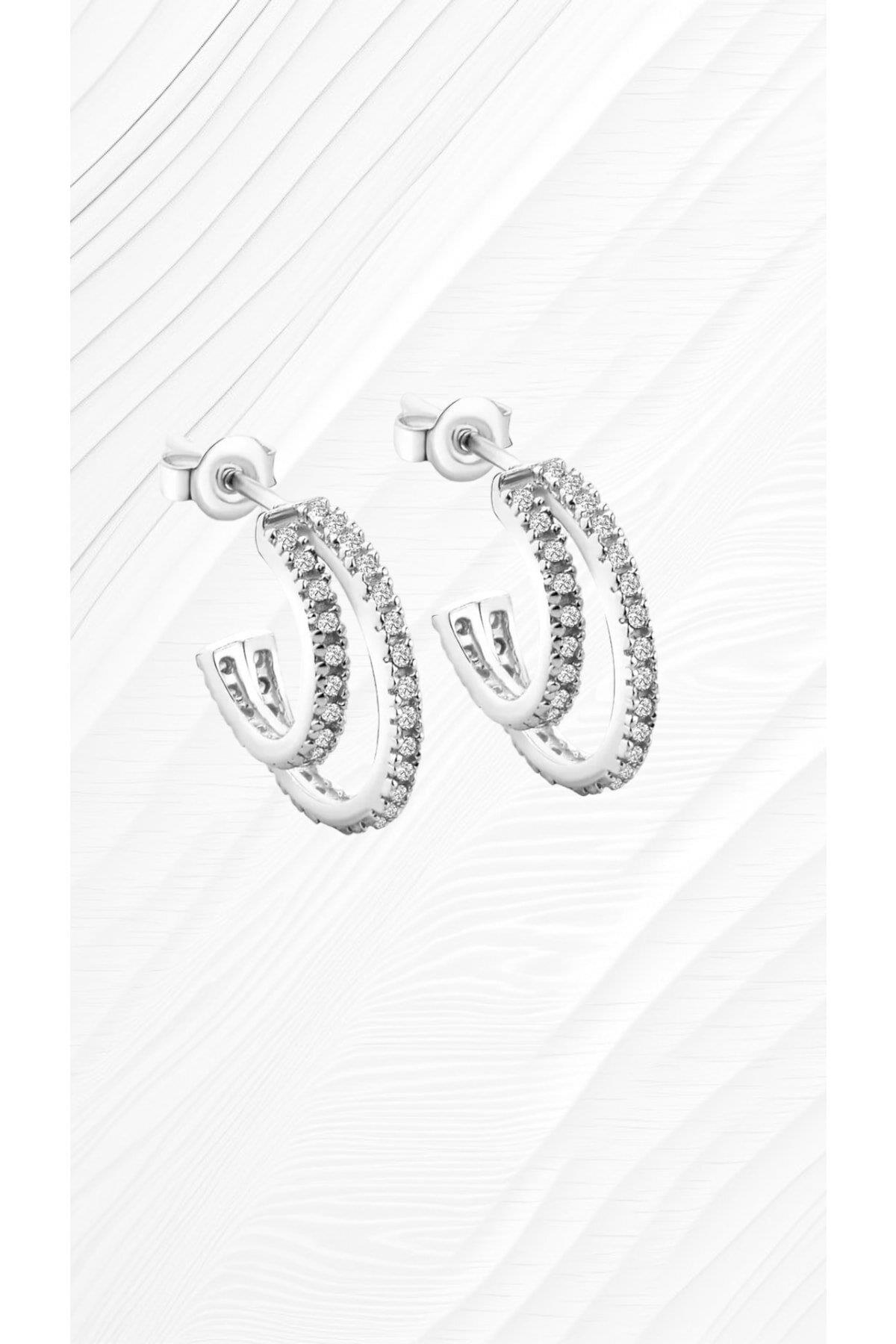 Gümüş 1.5 cm çift halka zirkon taşlı gold küpe