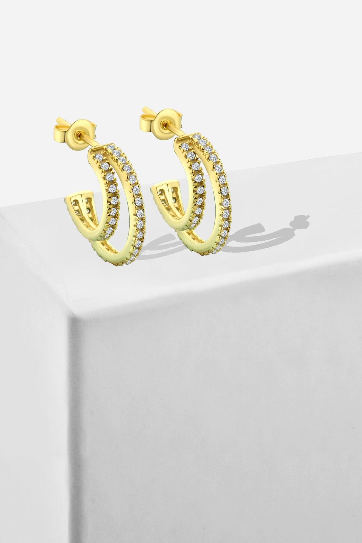 Gümüş 1.5 cm çift halka zirkon taşlı gold küpe