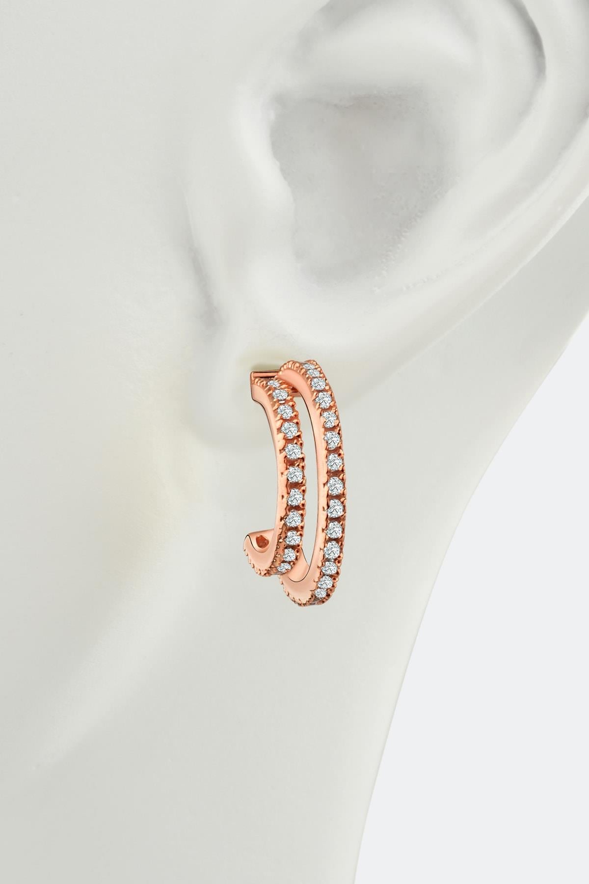 Gümüş 1.5 cm çift halka zirkon taşlı gold küpe