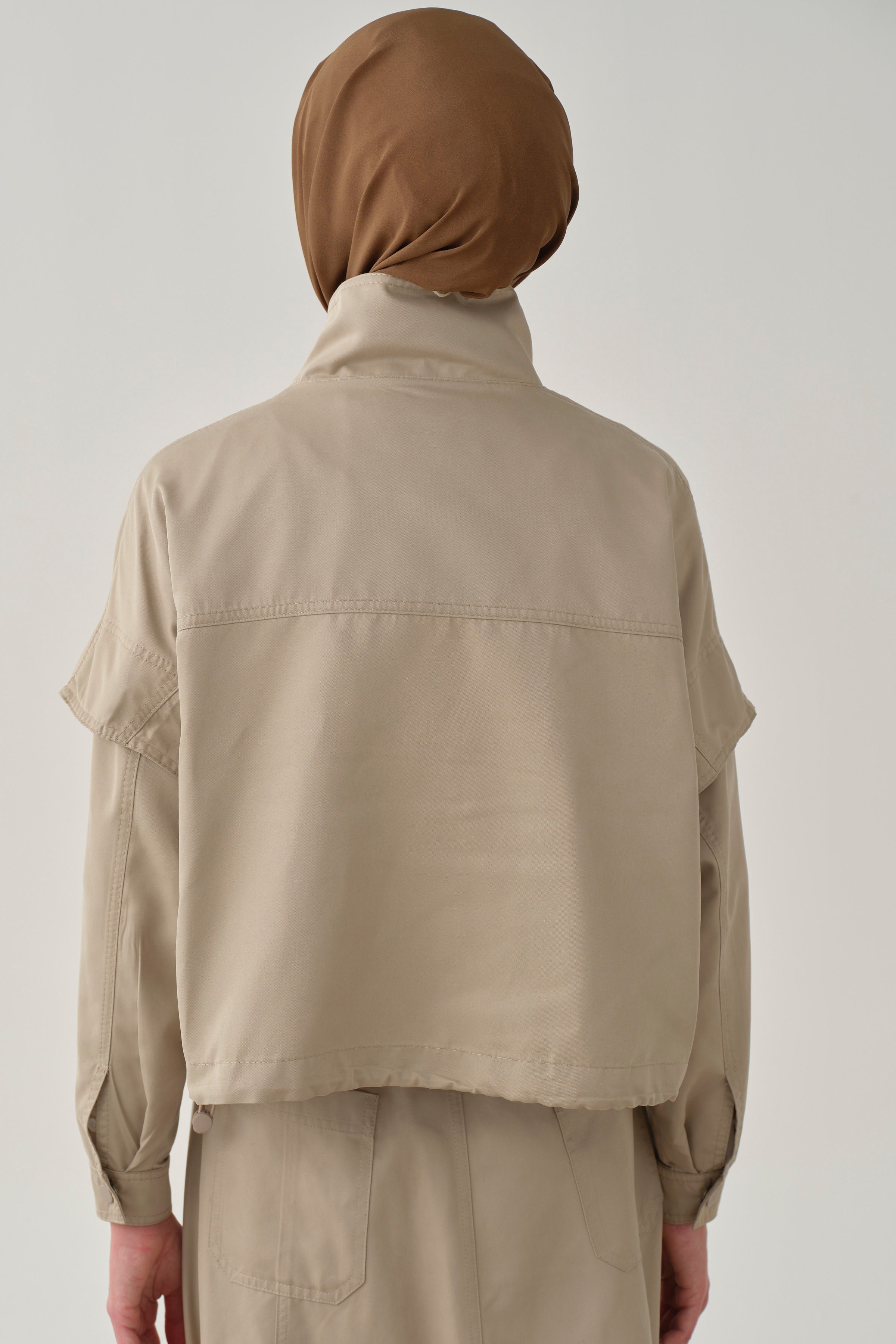 Beli Lastikli Crop Ceket - Taş