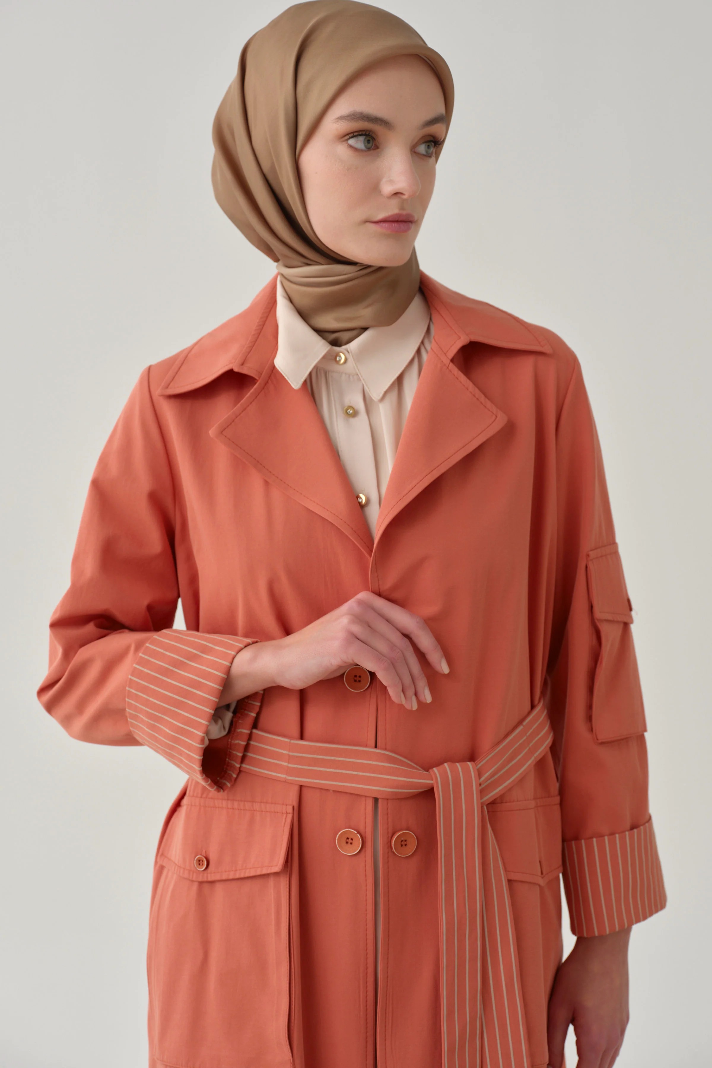 Cepli Çizgi Baskılı Trençkot - Oranj