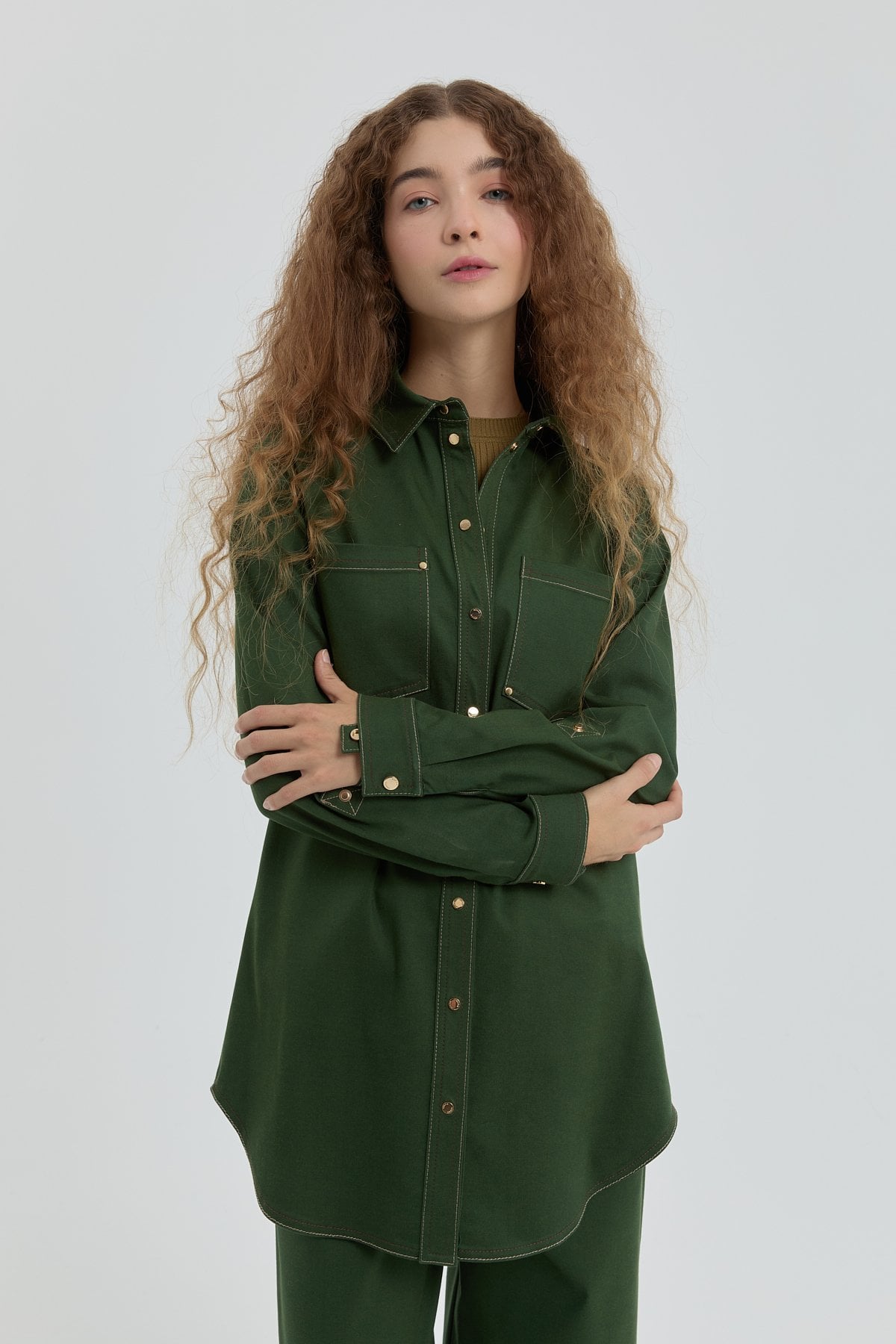 Dikiş Detaylı Gömlek Yaka Tunik - Yeşil