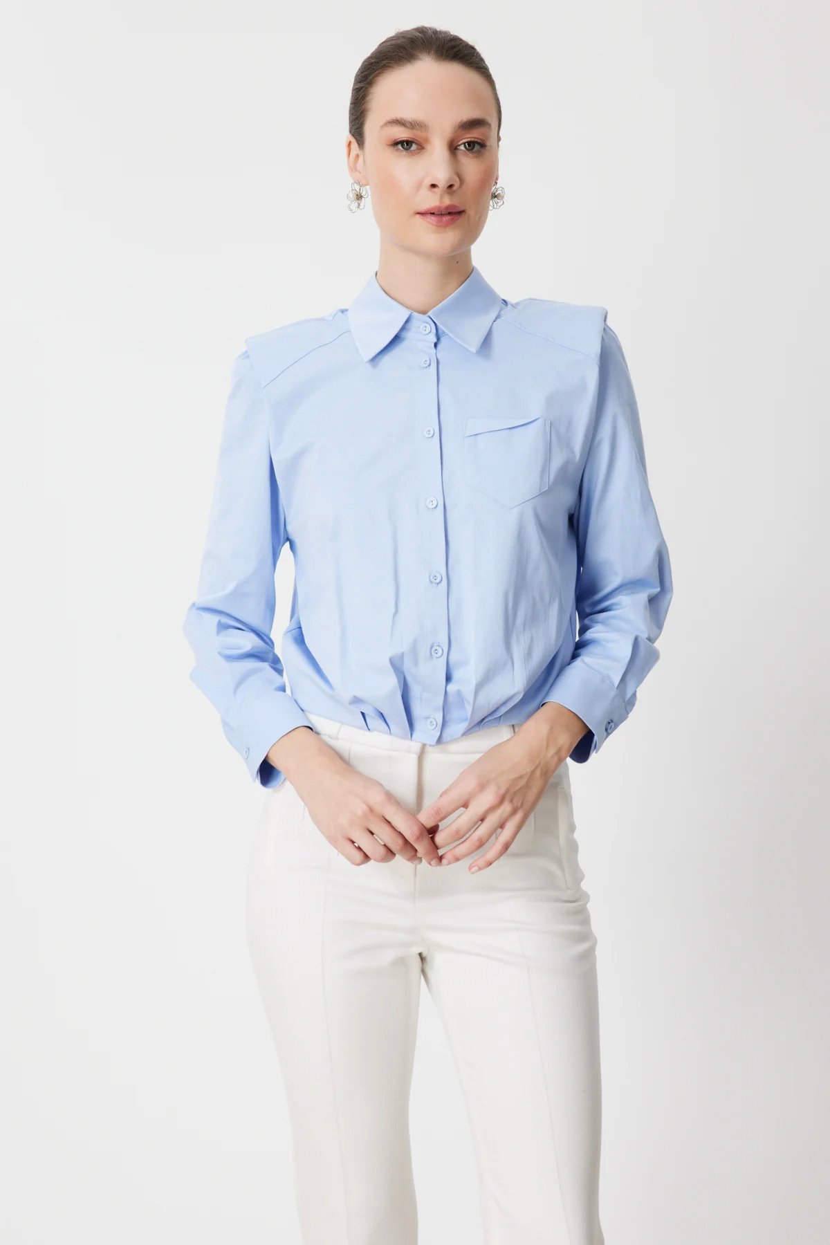 Etek Ucu Pileli Ve Vatkalı Gömlek - Mavi