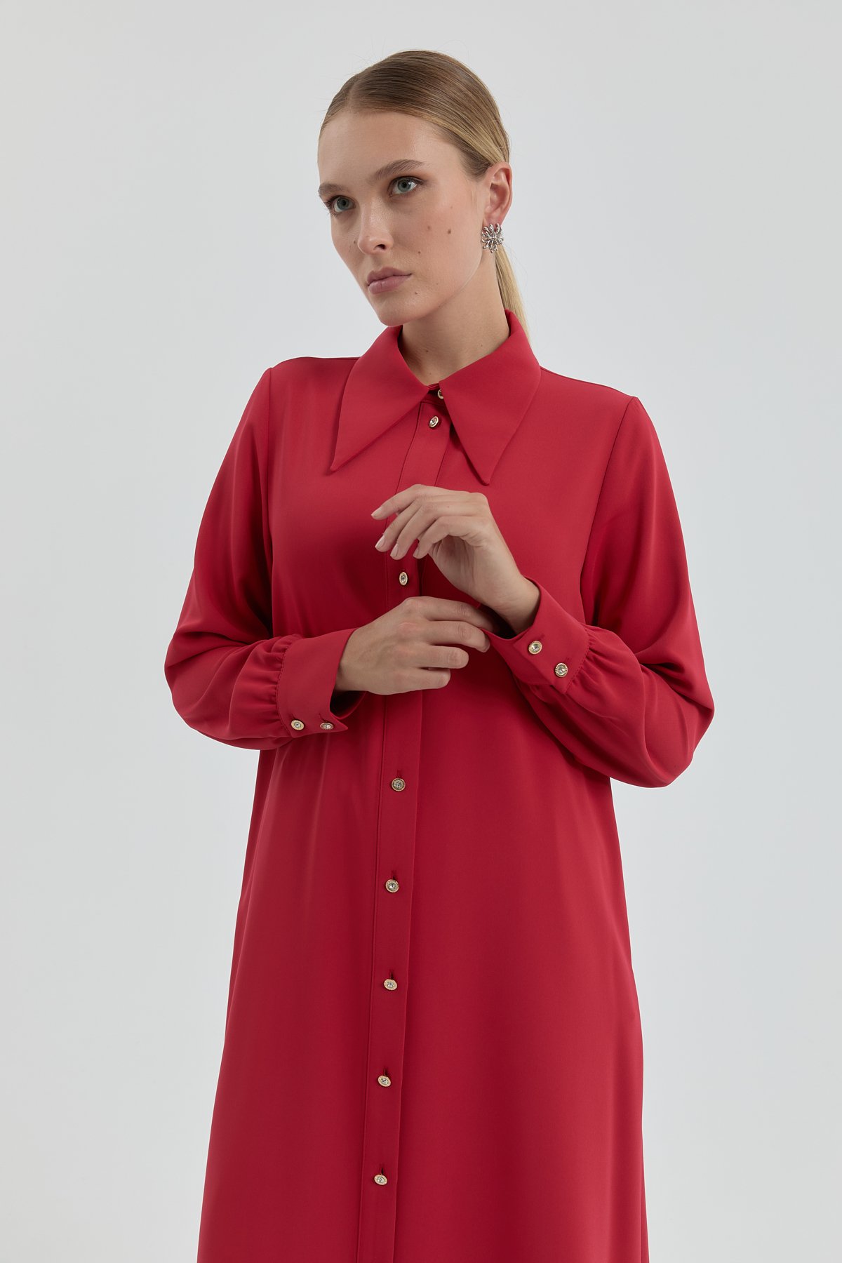 Gold Düğmeli Gömlek Yaka Tunik - Bordo