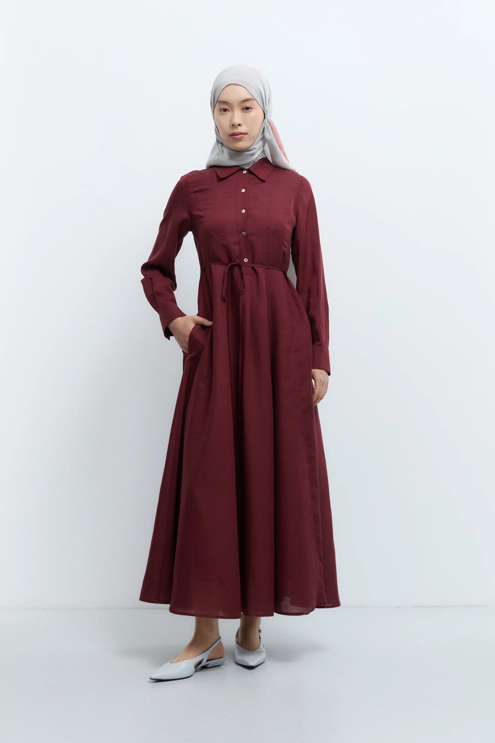 Gömlek Yaka Elbise - Bordo