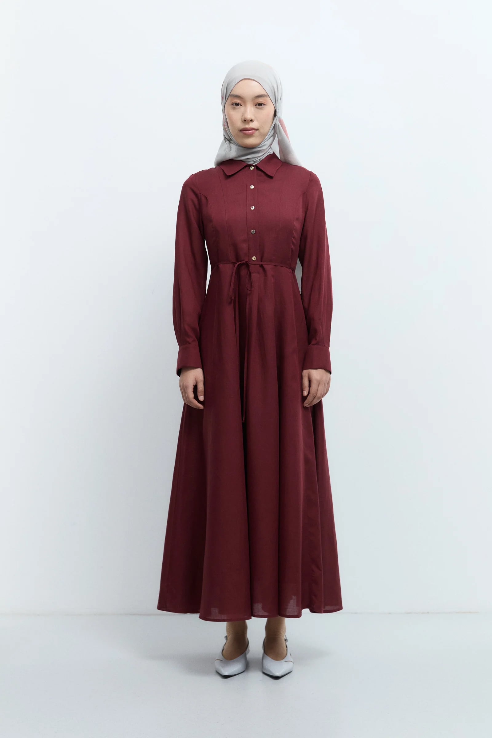 Gömlek Yaka Elbise - Bordo