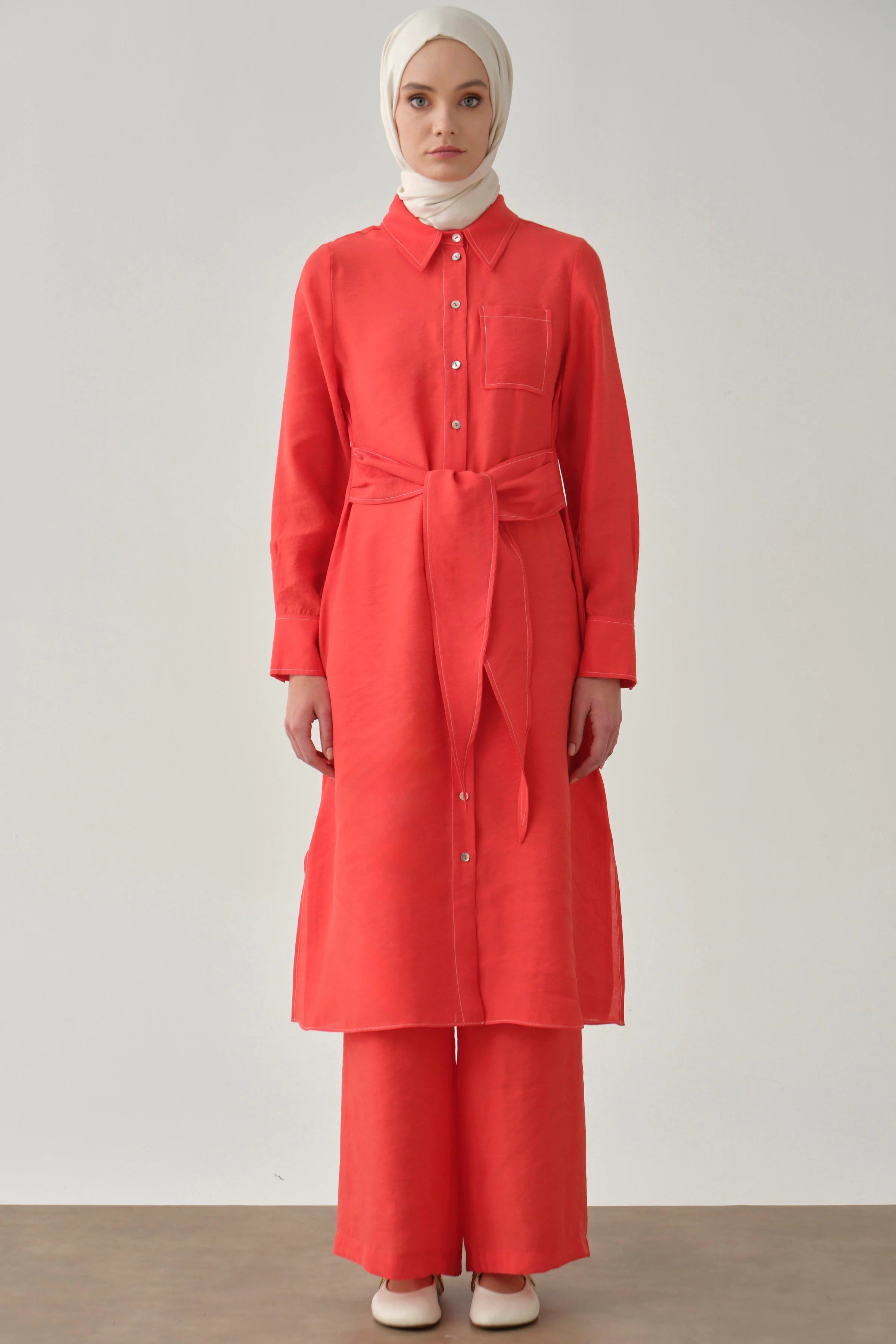 Kemerli Tunik Pantolon Takım - Mercan