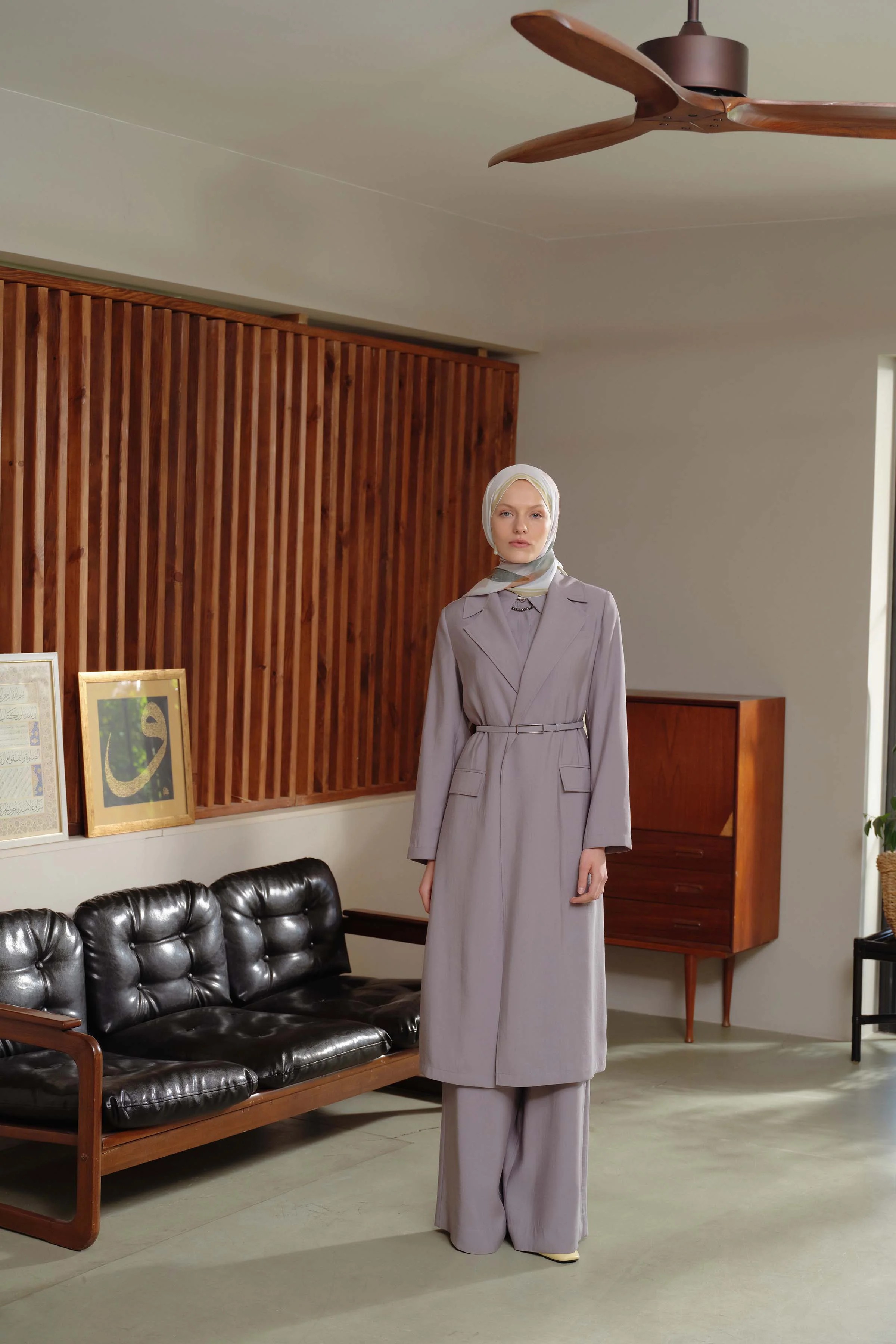 Kemerli Uzun Ceket - Gri