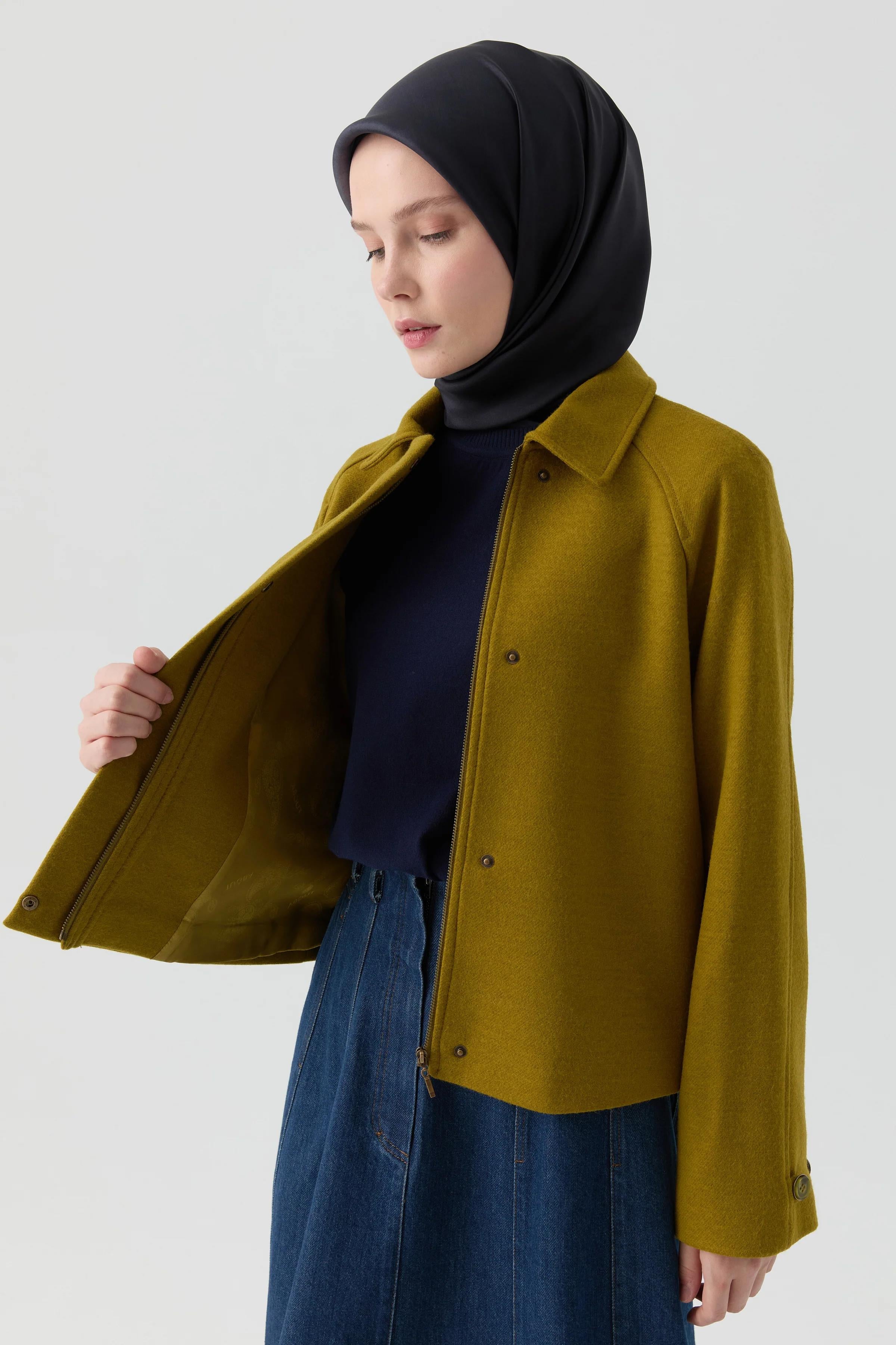 Kol Düğmeli Mini Keçe Ceket - Olive
