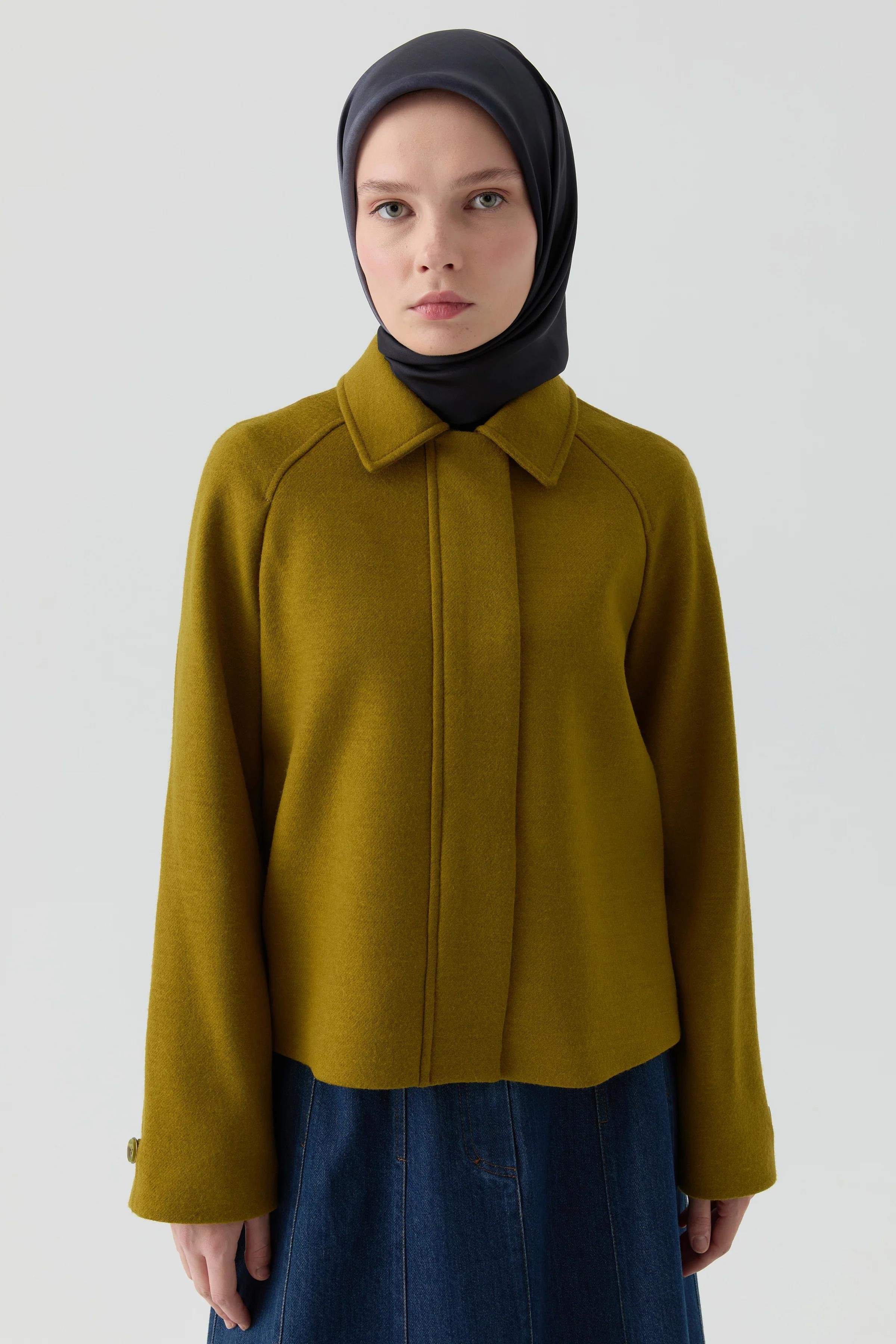 Kol Düğmeli Mini Keçe Ceket - Olive
