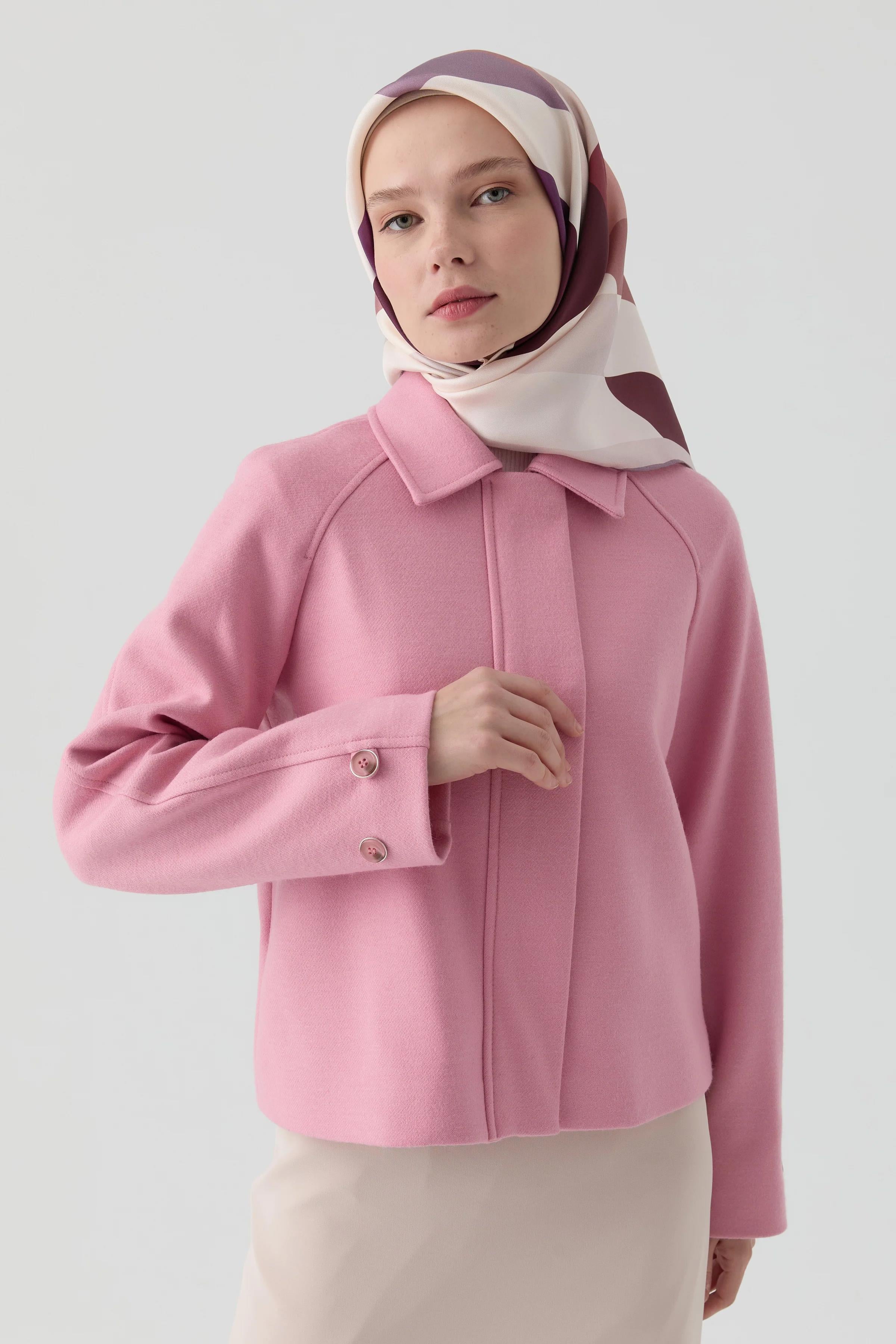 Kol Düğmeli Mini Keçe Ceket - Pembe