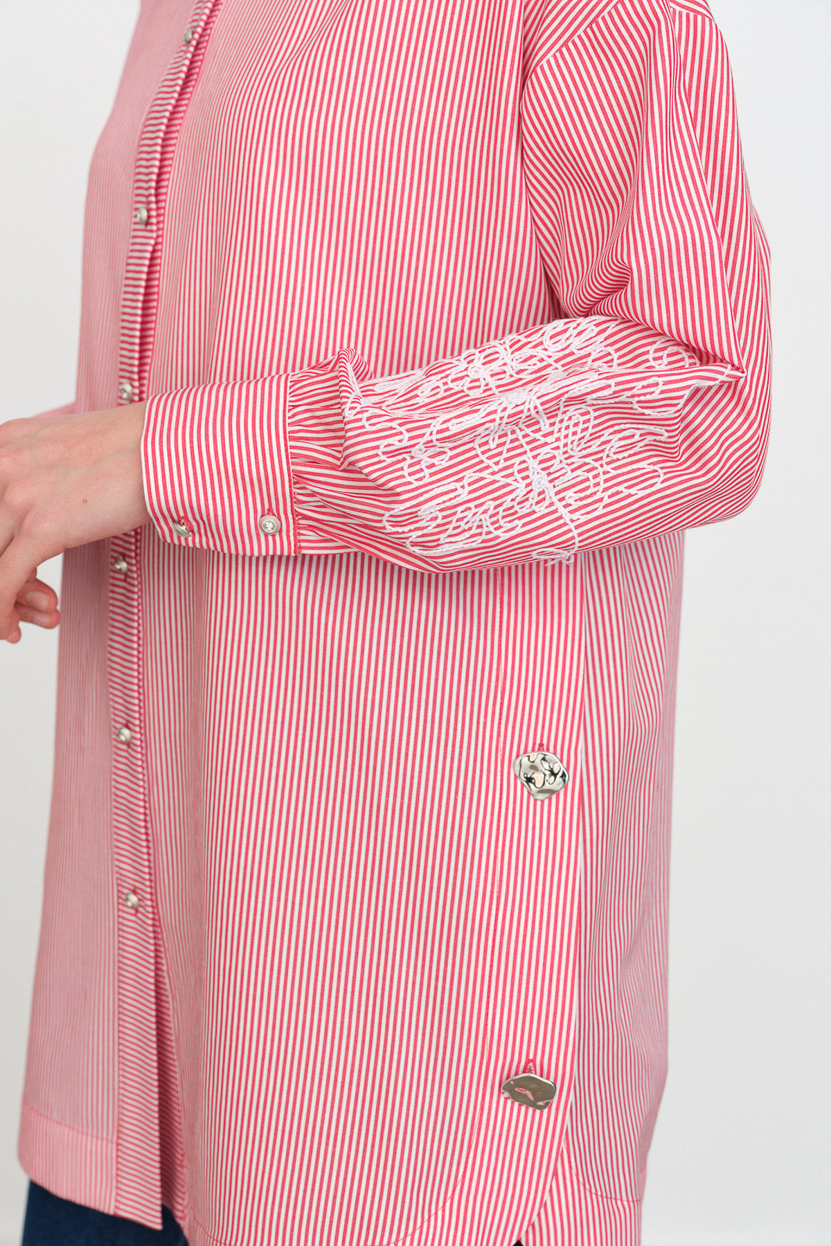 Kolu Nakışlı Çizgili Poplin Tunik - Kırmızı