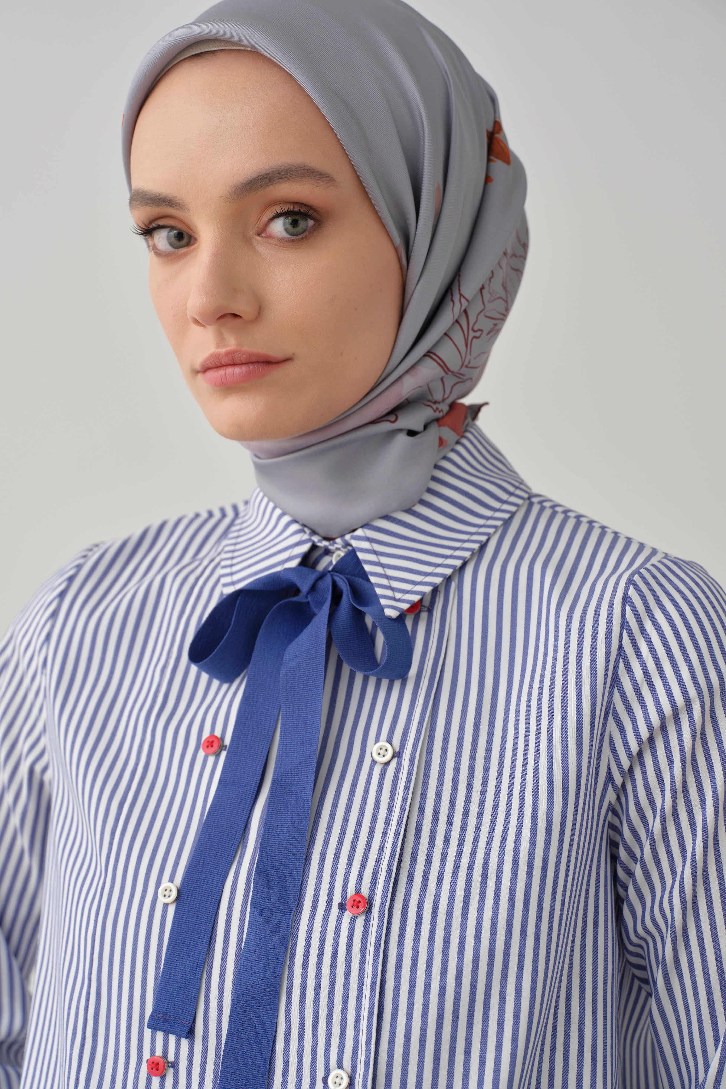 Kruvaze Çizgili Crop Gömlek - İndigo