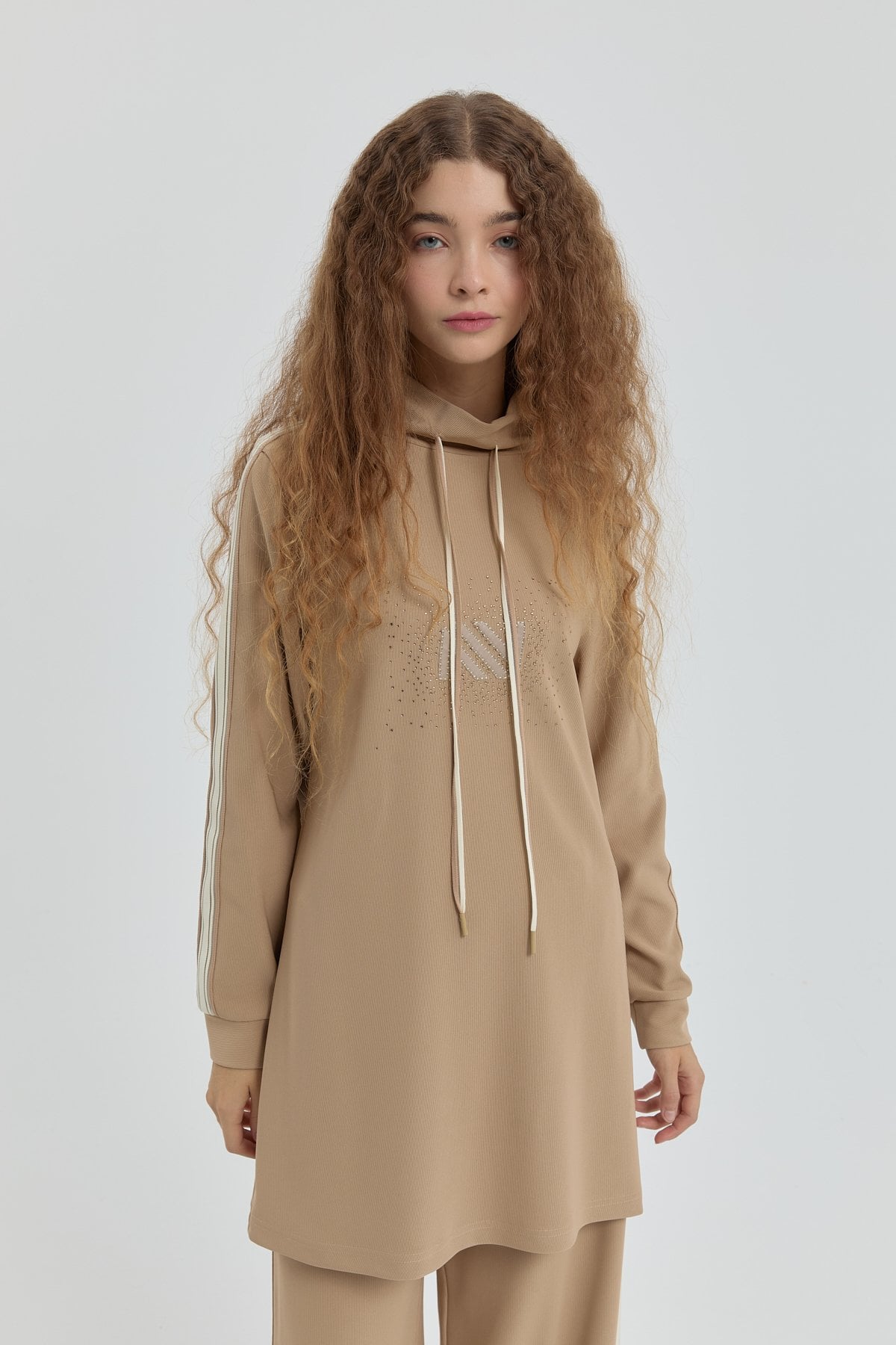 Logolu Örme Pantolon Tunik Takım - Camel
