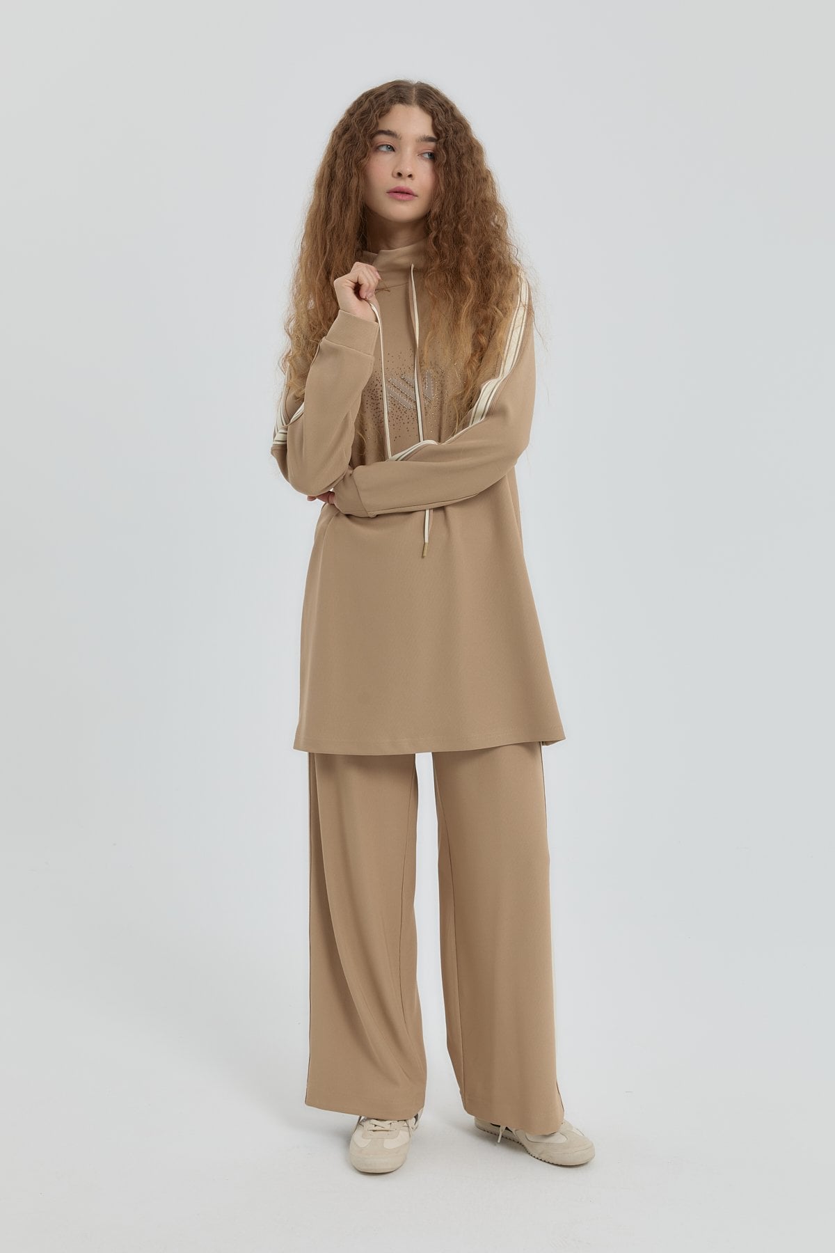Logolu Örme Pantolon Tunik Takım - Camel