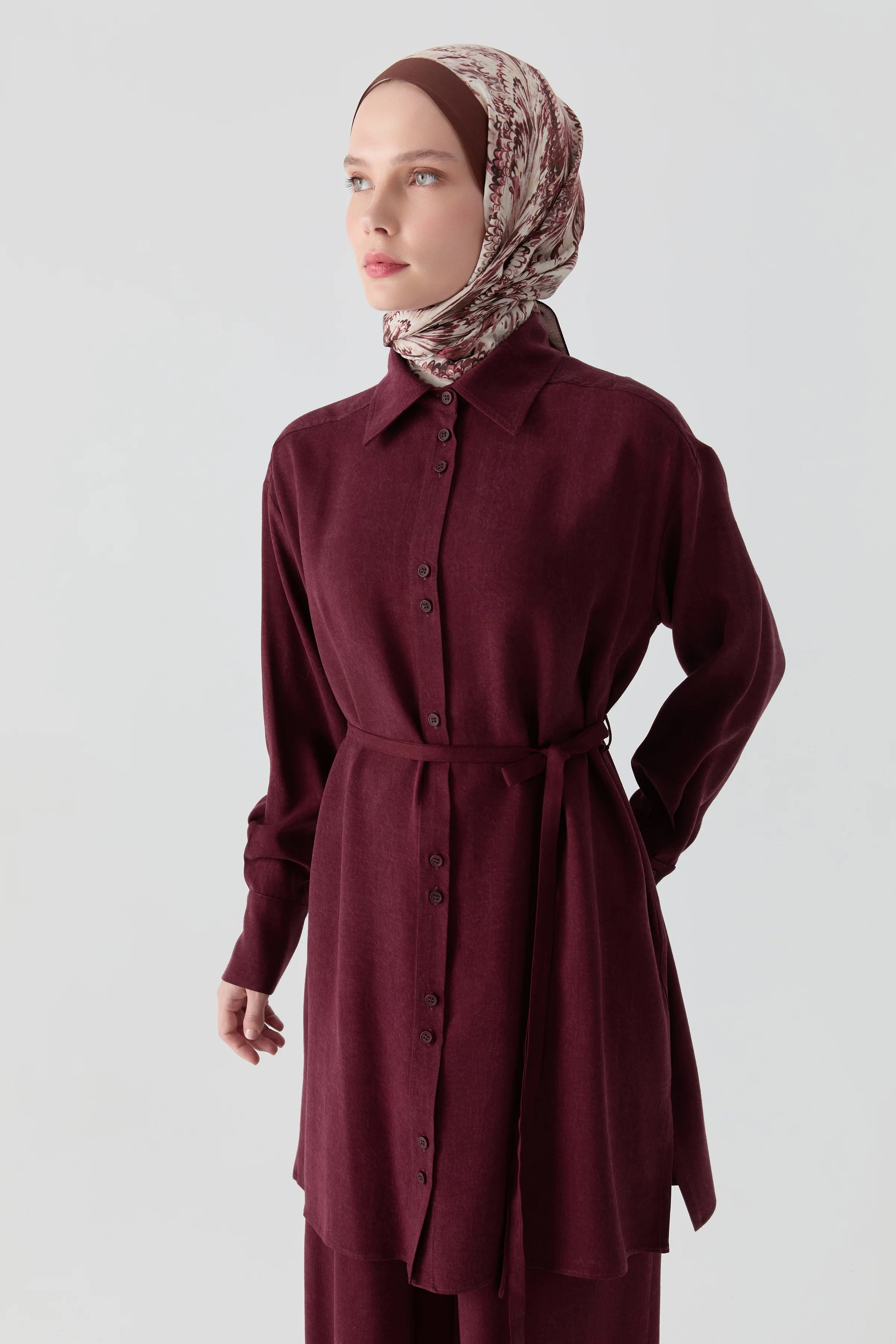 Robalı İnce Kemerli Tunik - Bordo