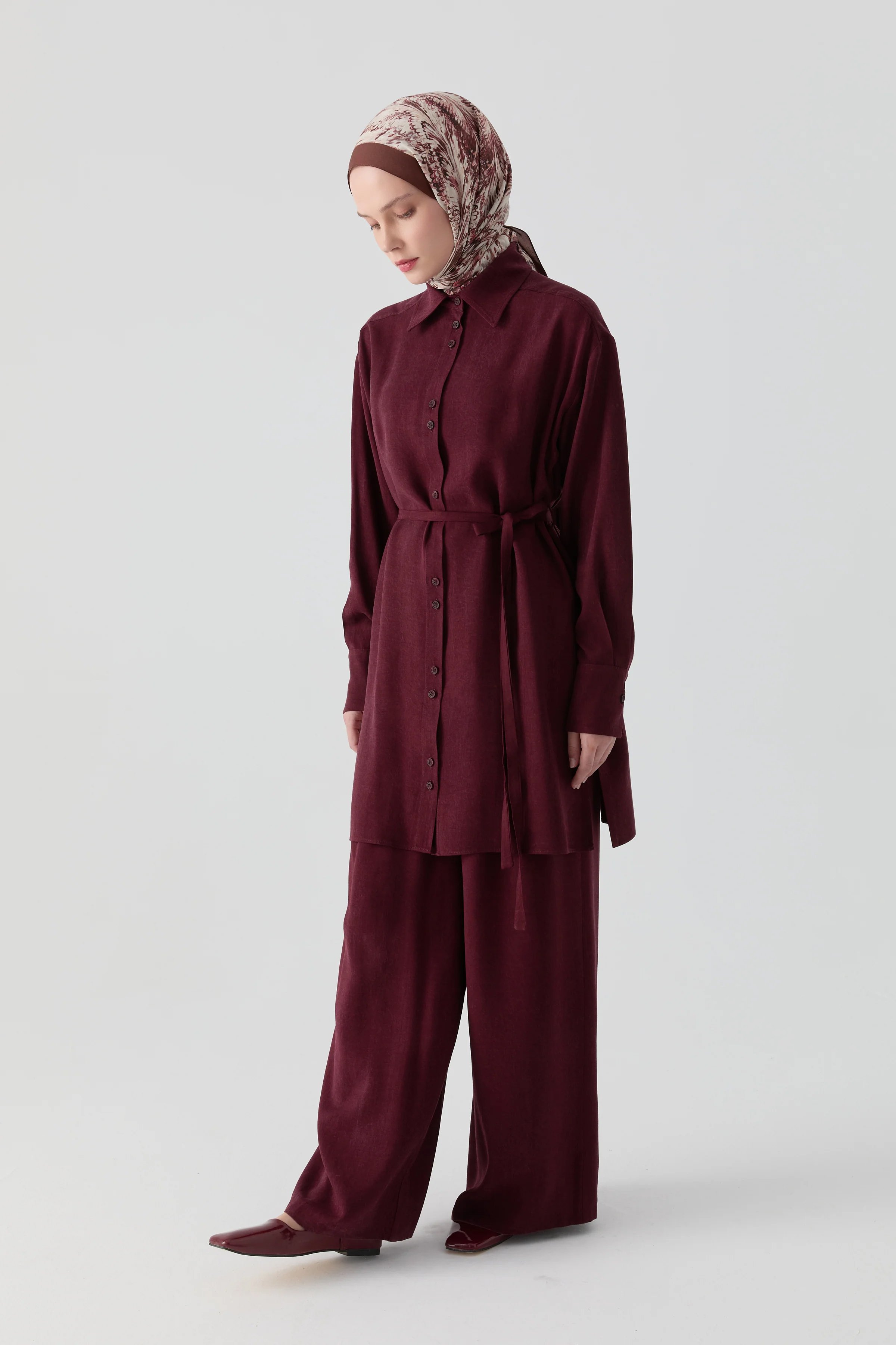 Robalı İnce Kemerli Tunik - Bordo