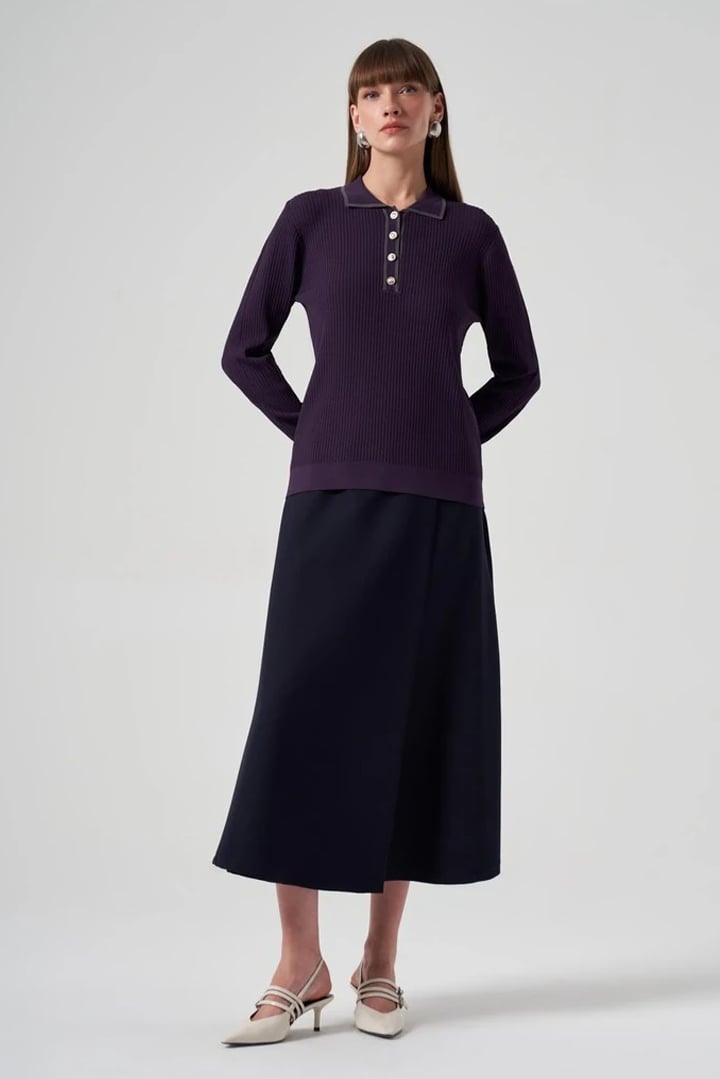 Triko Fitilli Yakalı Tunik - Mürdüm