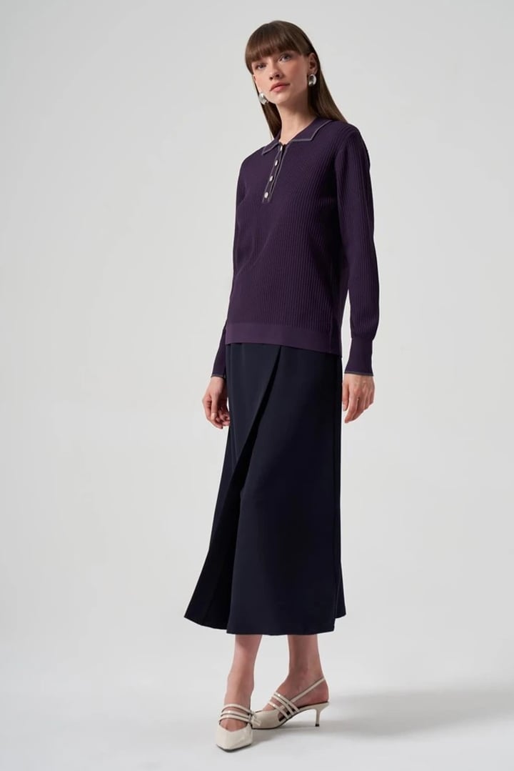 Triko Fitilli Yakalı Tunik - Mürdüm