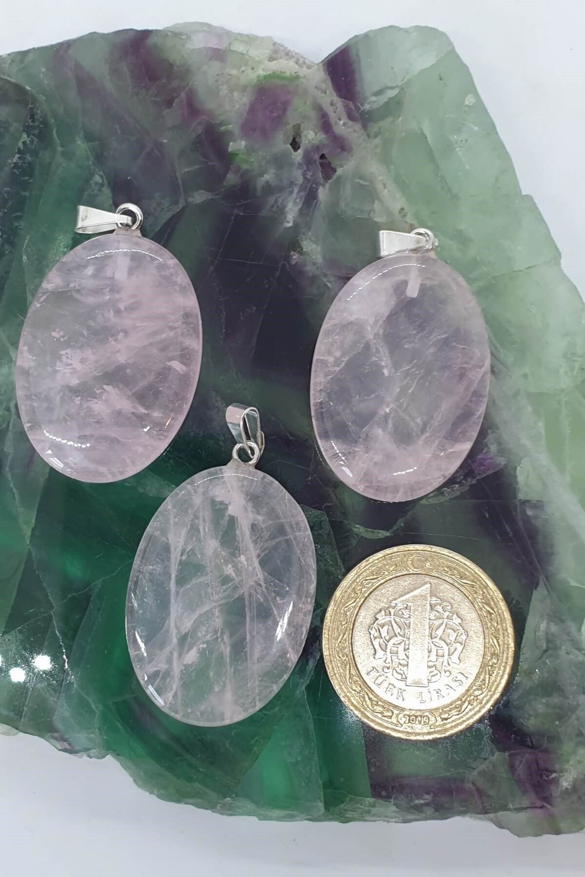 Büyük Oval Pembe Kuvars Kolye Ucu