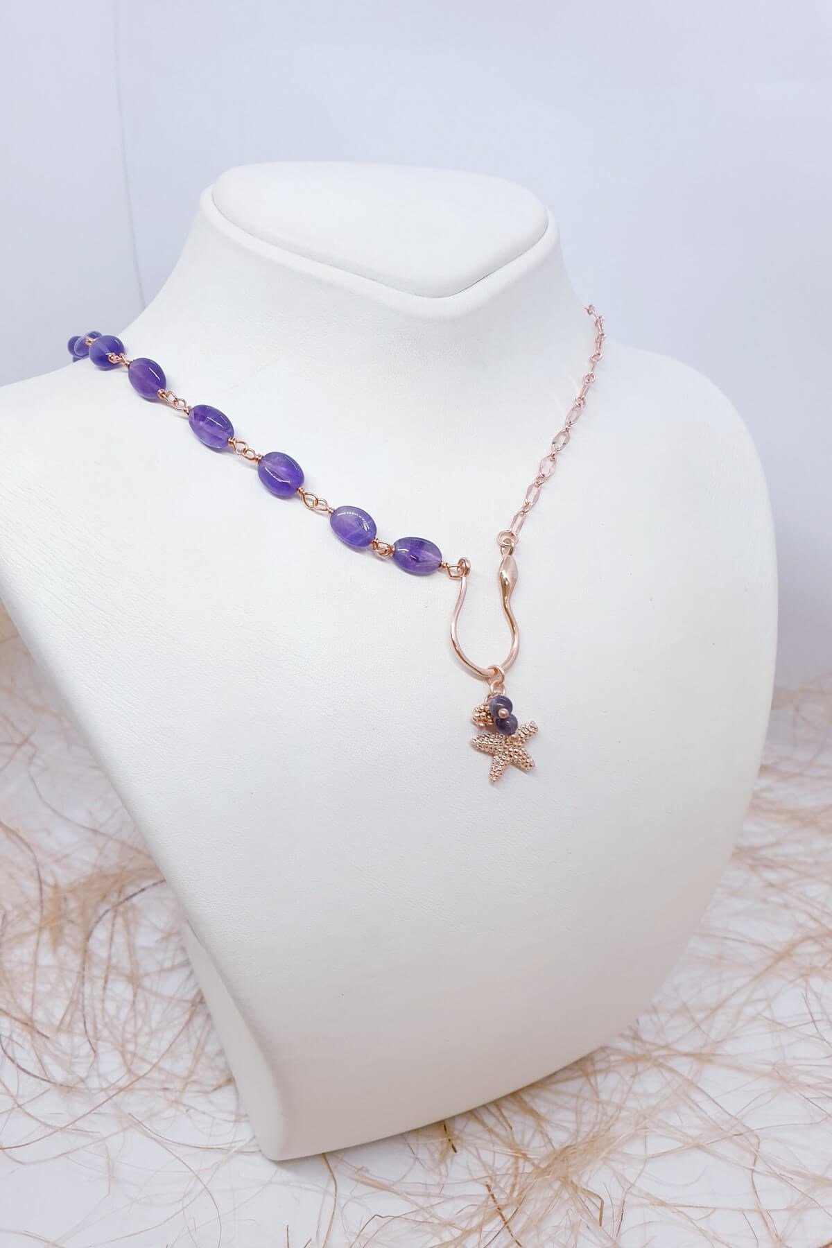 Elegant Ametist Doğal Taşlı Deniz Yıldızlı Kolye Uculı 