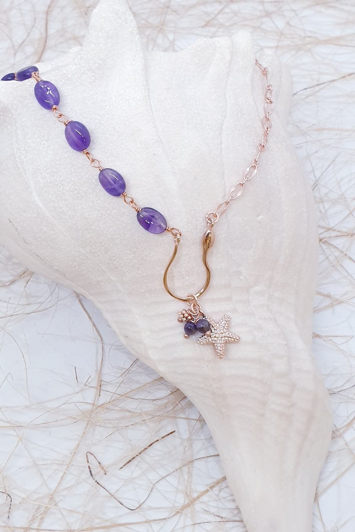 Elegant Ametist Doğal Taşlı Deniz Yıldızlı Kolye Uculı 