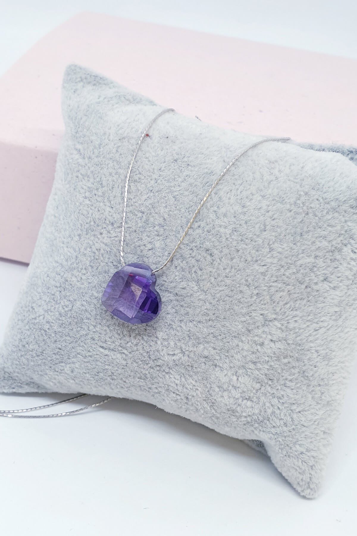 Fasetli Kesim  Mor Cam Gümüş Kolye